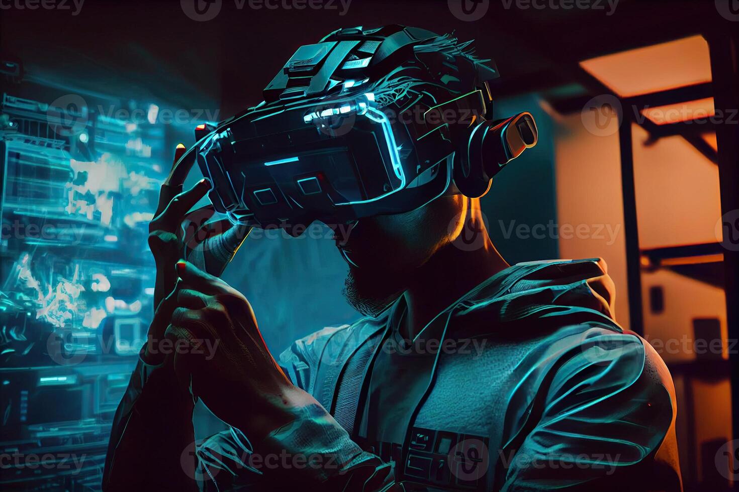 illustration of man with virtual reality VR goggle playing AR augmented reality game and entertainment, futuristic metaverse gameFi NFT game ideas photo