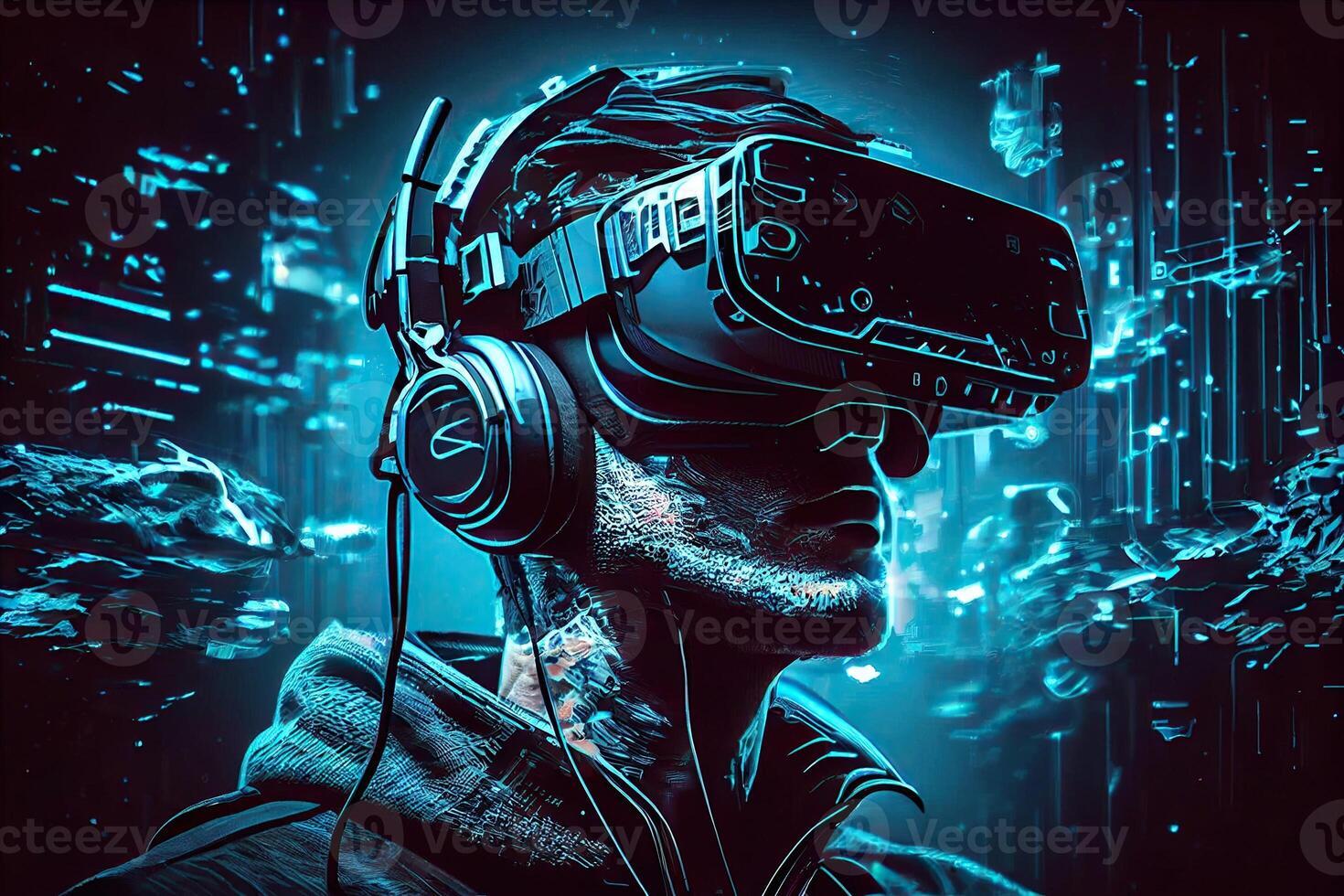 illustration of man with virtual reality VR goggle playing AR augmented reality game and entertainment, futuristic metaverse gameFi NFT game ideas photo