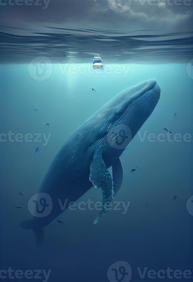 illustration of Blue whale under water, ocean photo