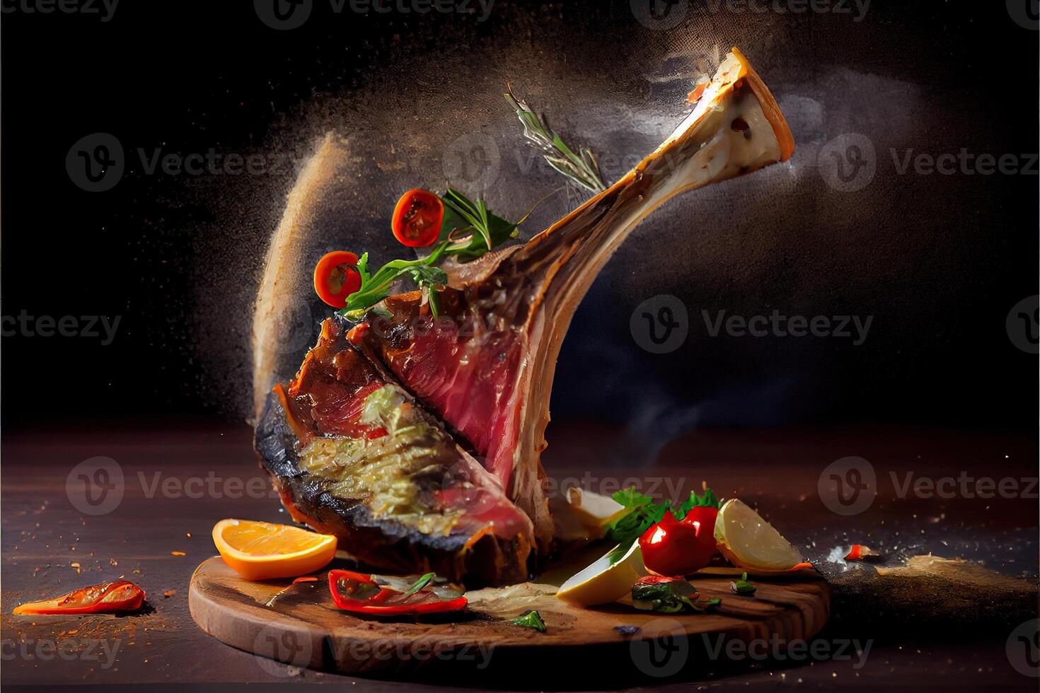 illustration of freshly grilled tomahawk steaks on wooden cutting board, superbly delicious tomahawk steak, barbecue photo