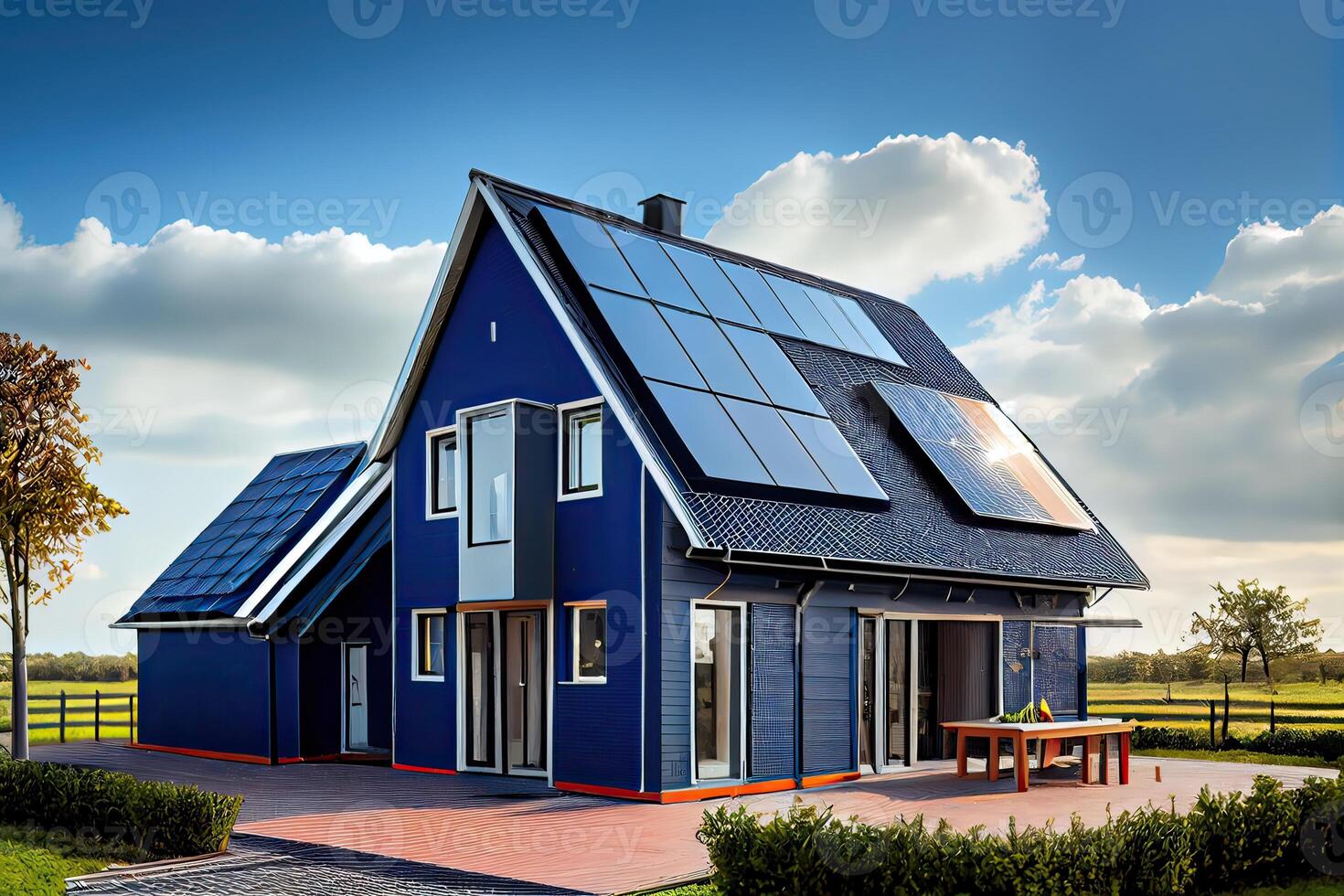 illustration of a newly constructed houses with solar panels on the roof under a bright sky, a close up of a brand new structure with blue solar panels photo