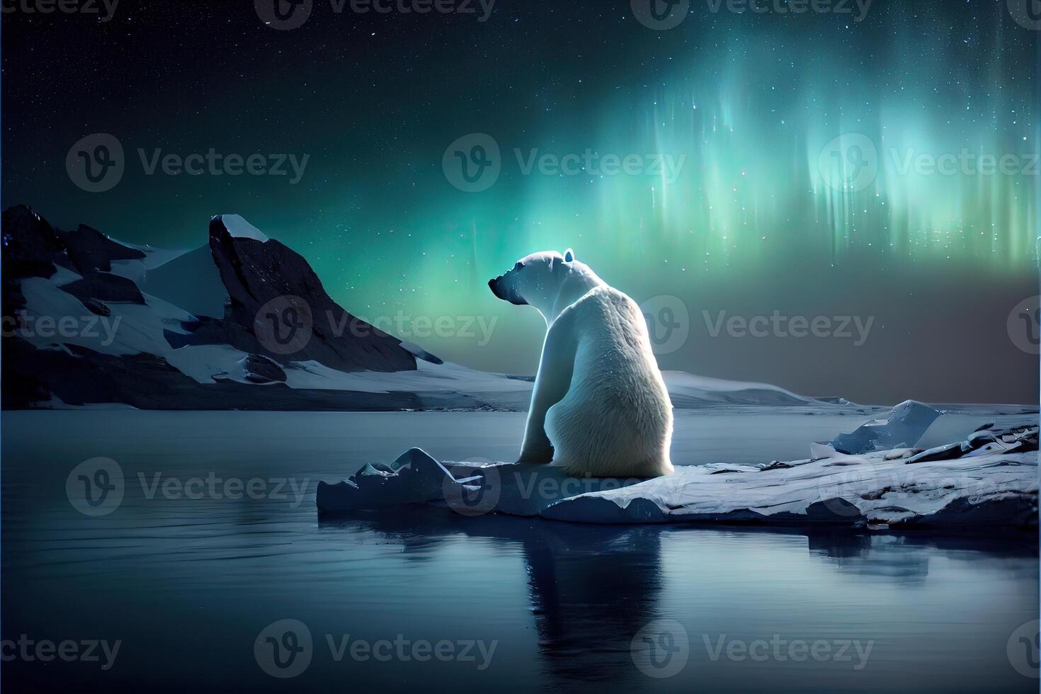 illustration of lonely white bear on iceberg, aurora sky photo