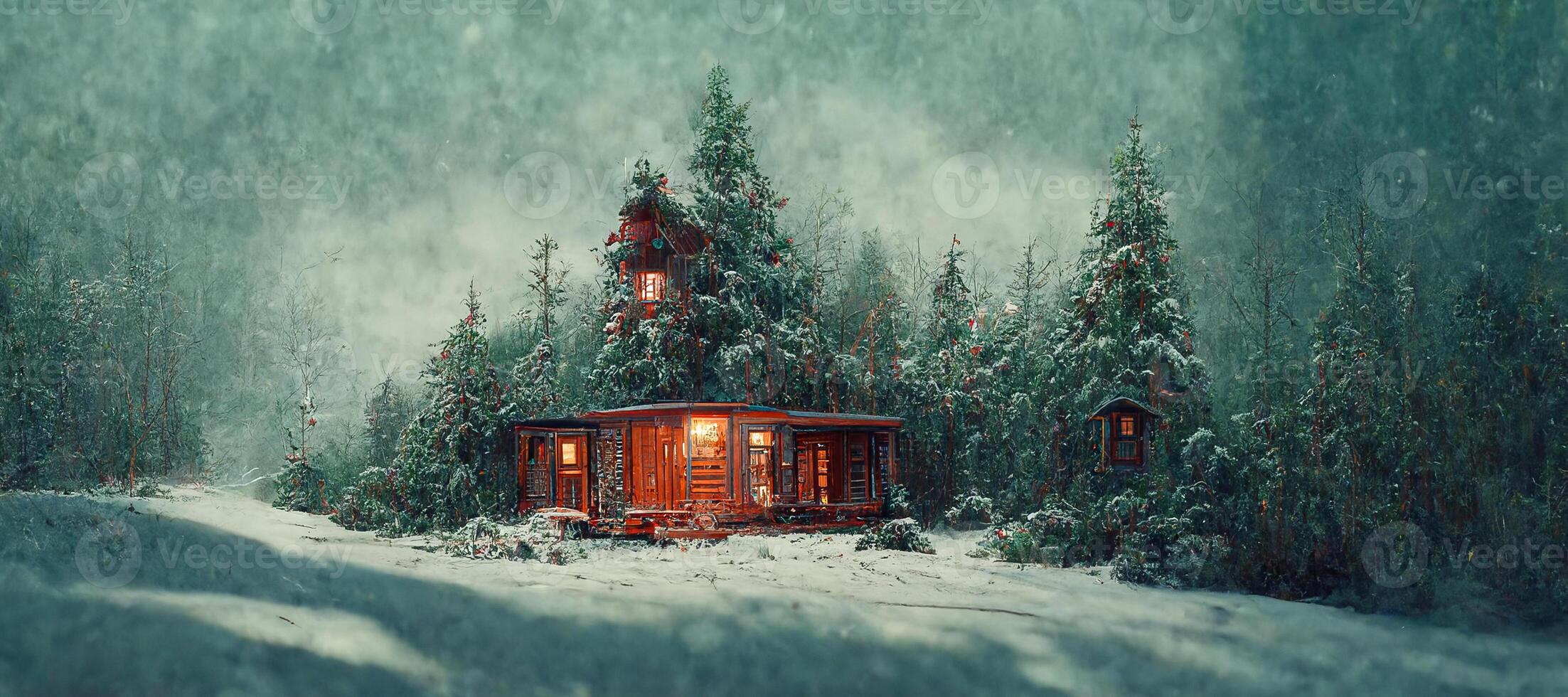 illustration of Rustic country house, snowy winter, a cozy wooden cabin cottage chalet house covered in snow near ski resort in winter with the lights turn on. Digital art. photo