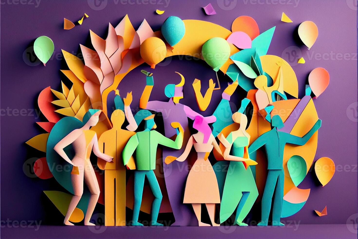 illustration of People in New Year's Eve party background, men and women celebrating holidays together, partying, cheering and dancing. Paper cut craft, 3d paper illustration style. photo