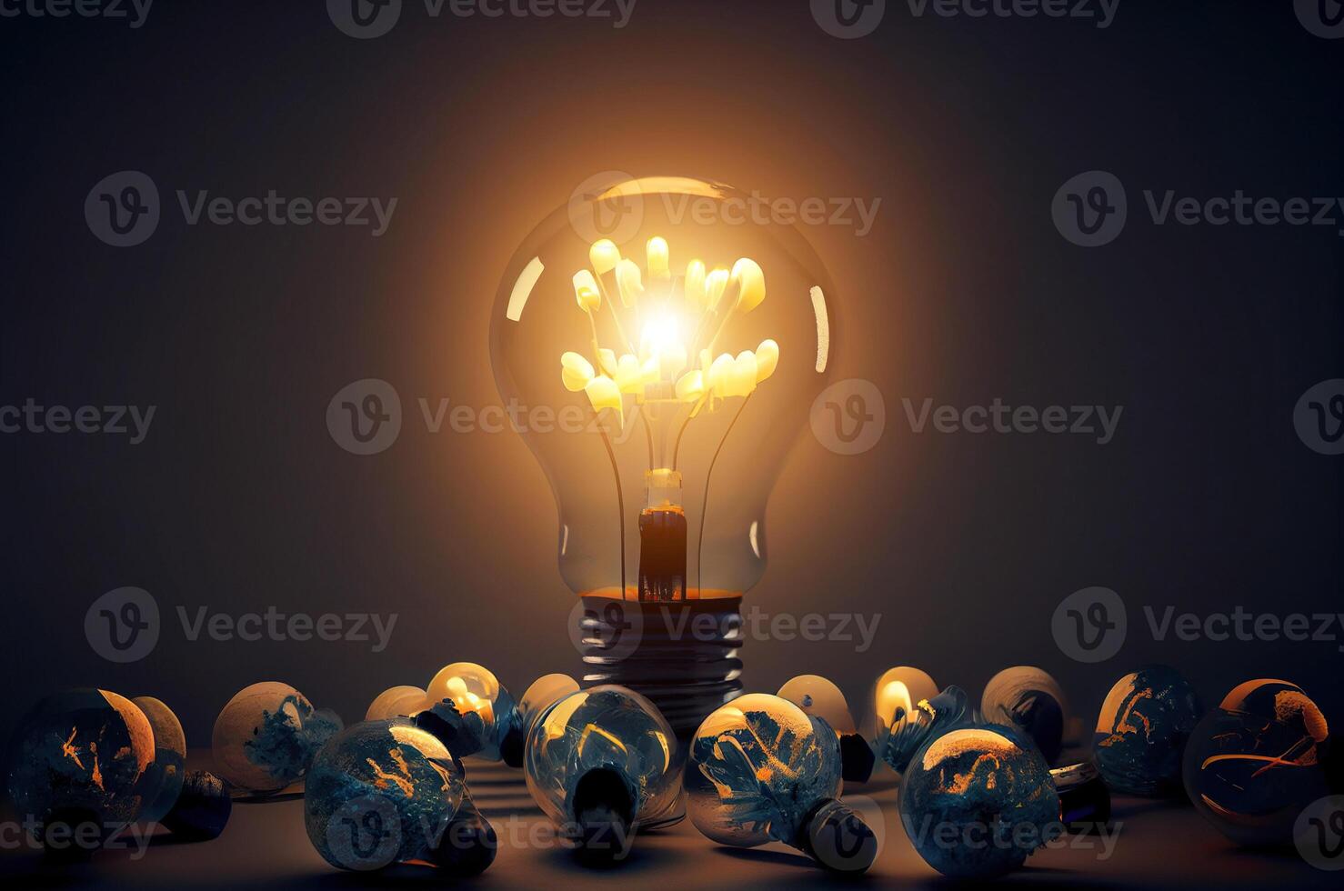 illustration of bright idea for business, education, star up growth, light bulbs on dark background, idea concept photo