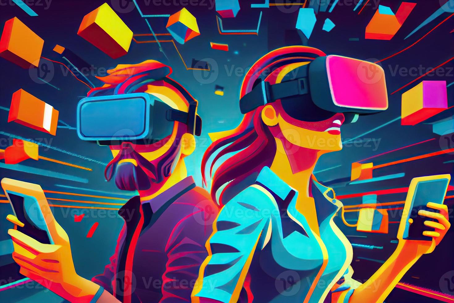 Metaverse VR virtual reality game playing, man and woman play metaverse virtual digital