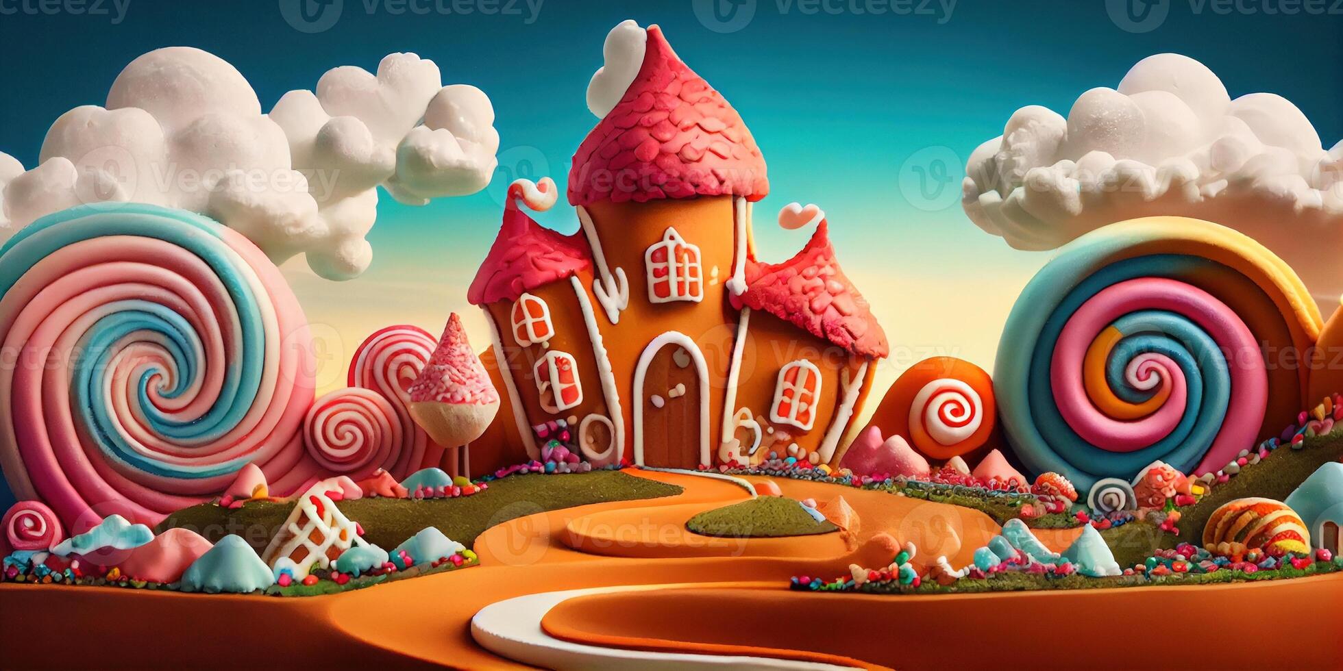 illustration of a sweet and magical world with candy land landscape and gingerbread fantasy house photo