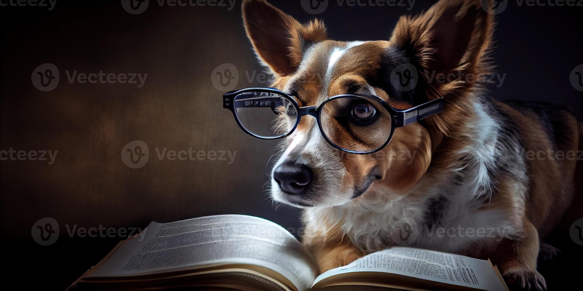 illustration of Intelligent serious dog in glasses reading a book, volumn light photo