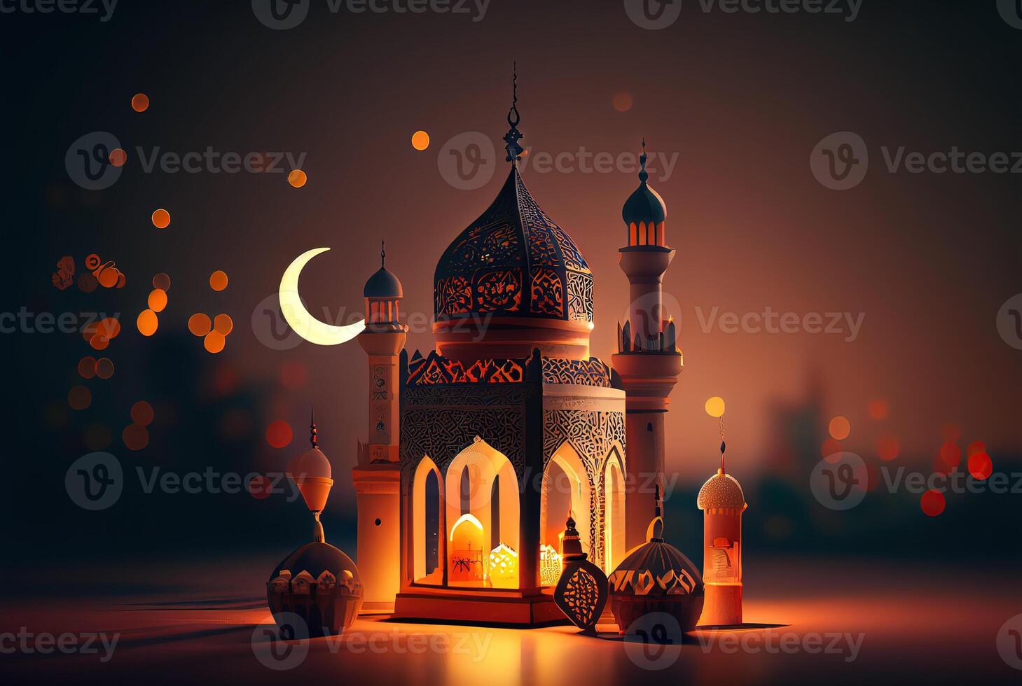 illustration of Islamic holiday. Ramadan night. Mosque and lantern displayed on stages with glowing light in the evening. Wallpaper and banner background. photo