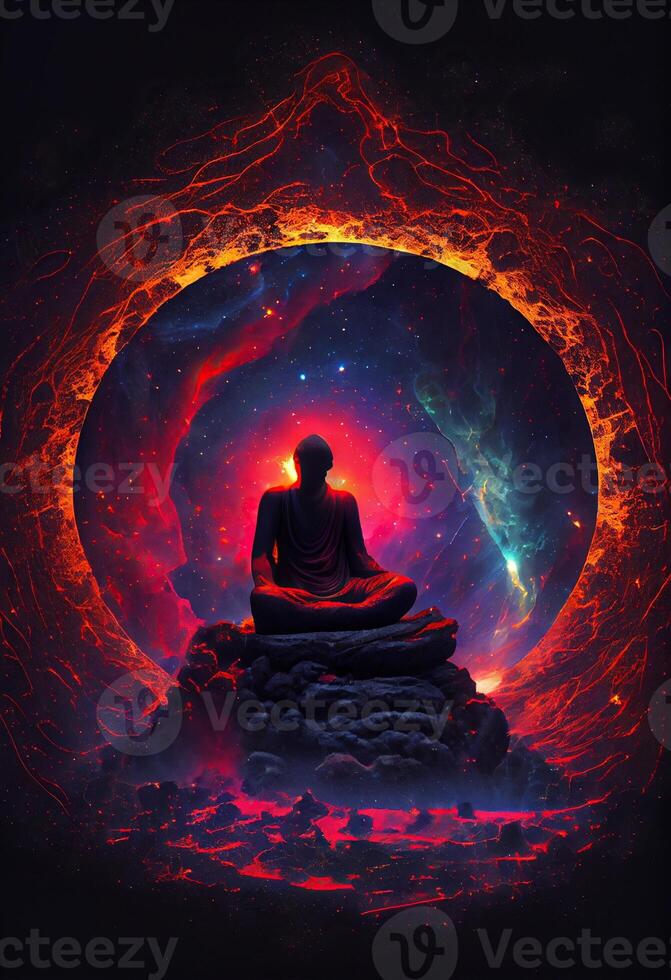 illustration of higher, yoga relax chill out dmt visions spirit. 7 colored chakras meditation DMT hallucinations. Multiverse connected through a nervous system - trippy psychedelic photo