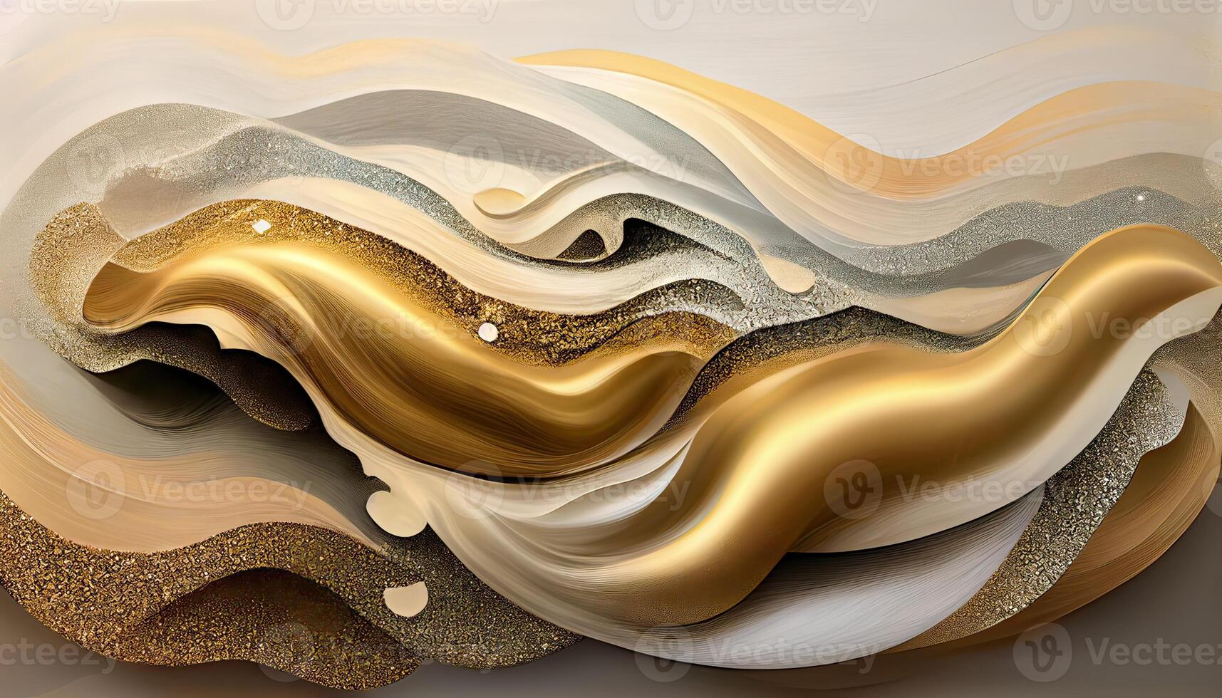 illustration of abstract fluid composing waves of varying sizes and colors is divided into layers, taupe, ivory, white, beige, and soft gold colors, gold glitter photo