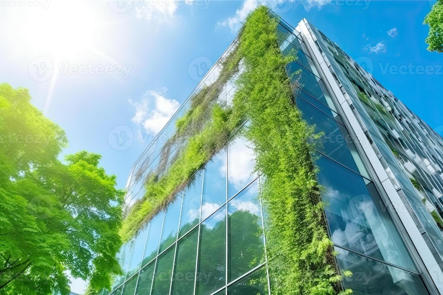 illustration of Gorgeous garden on the rooftop of a contemporary glass office building in Asia photo