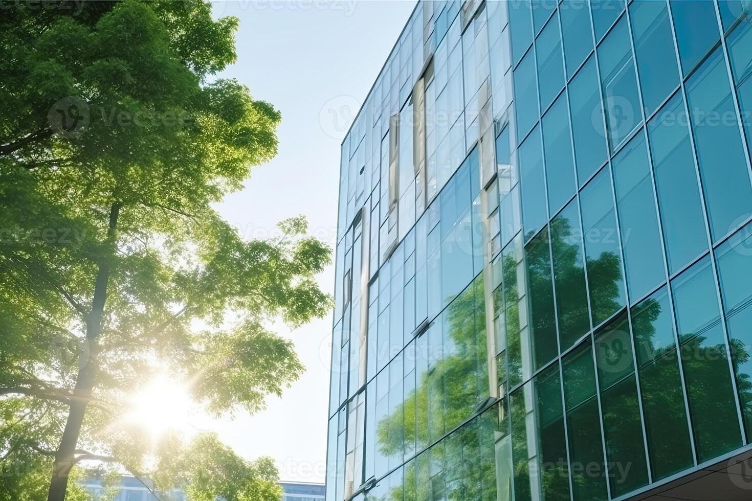 illustration of Gorgeous garden on the rooftop of a contemporary glass office building in Asia photo