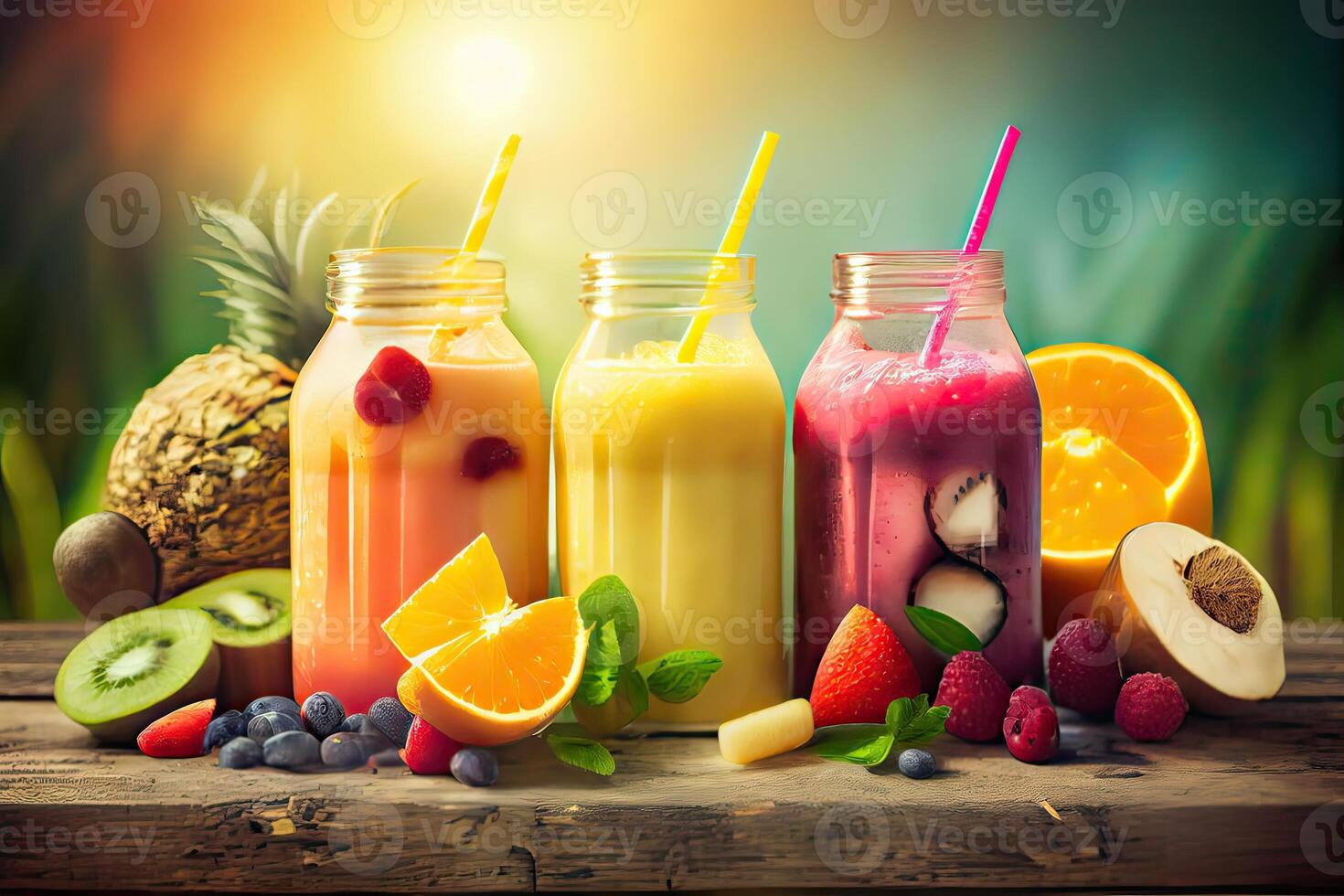 illustration of smoothies and juices made from a variety of fresh fruits from the tropics. Clean eating, a healthy diet, and vitamin infused beverages are concepts, blurred background photo