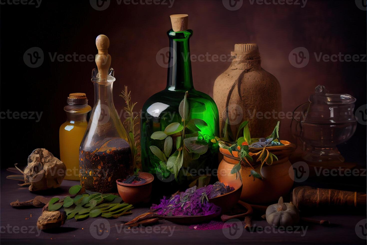 illustration of the ingredients of a flower vase arranged for a witch's cookbook. Herbs, bottles, vials, terracotta mixing pot photo