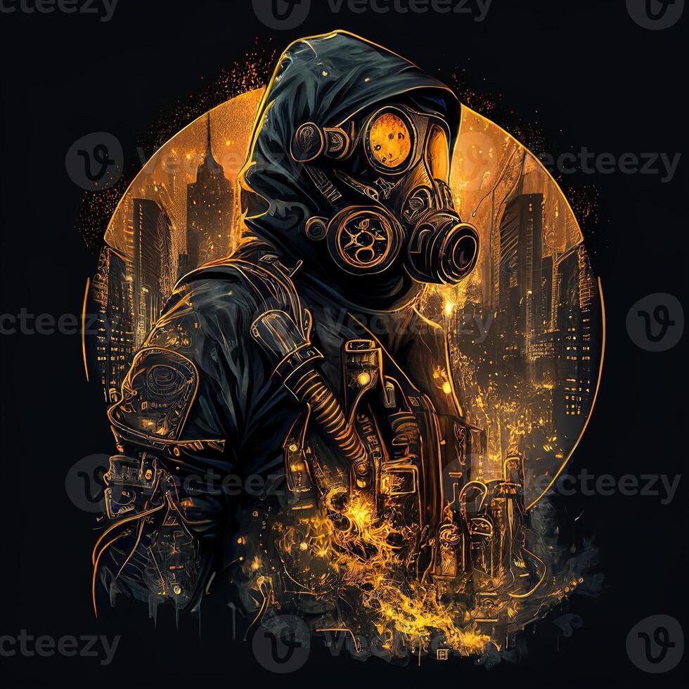 illustration of cyberpunk bio hazard protective suit with a industrial smoke, pollution, centered inside intricate gold and fire circle of city and skyscrapers photo