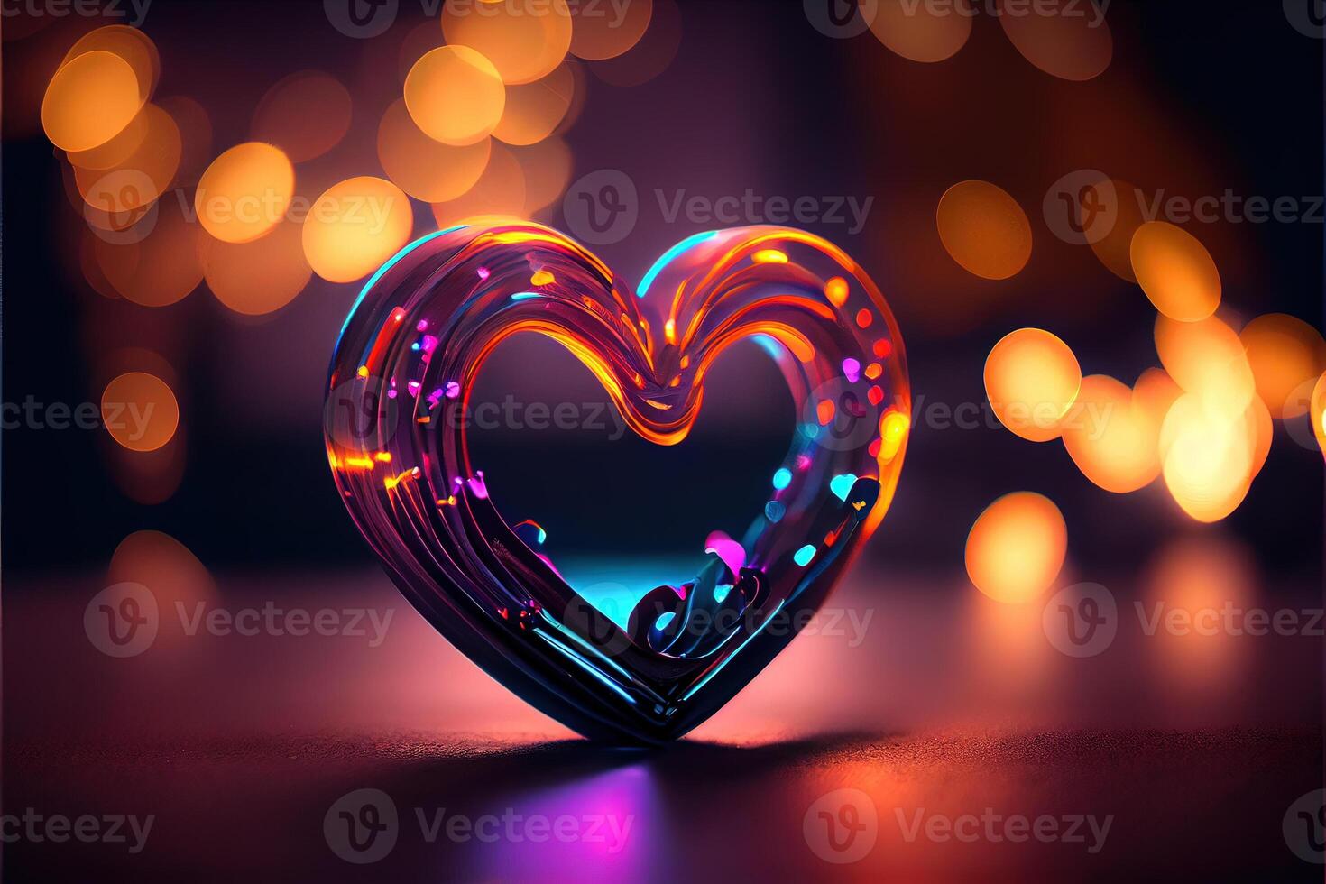 illustration of love heart neon light, decor, bright light, romantic. Love and valentine day concept. Neural network generated art. Digitally generated image. photo