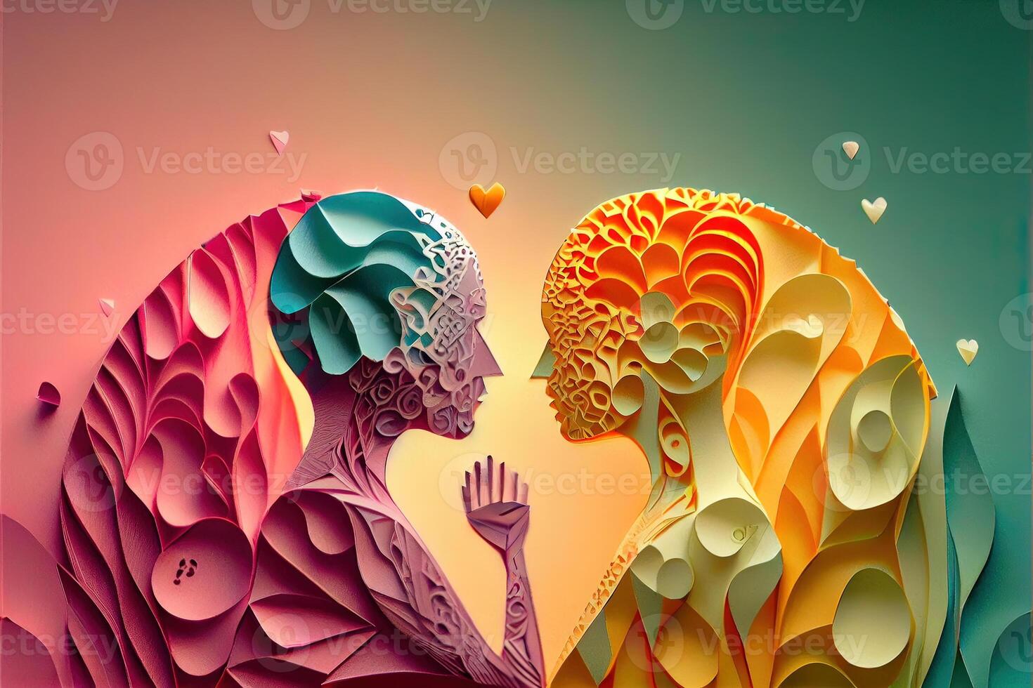 illustration of origami Valentine day background, happy couple, colorful. Paper cut craft, 3d paper style. Neural network generated art. Digitally generated image photo