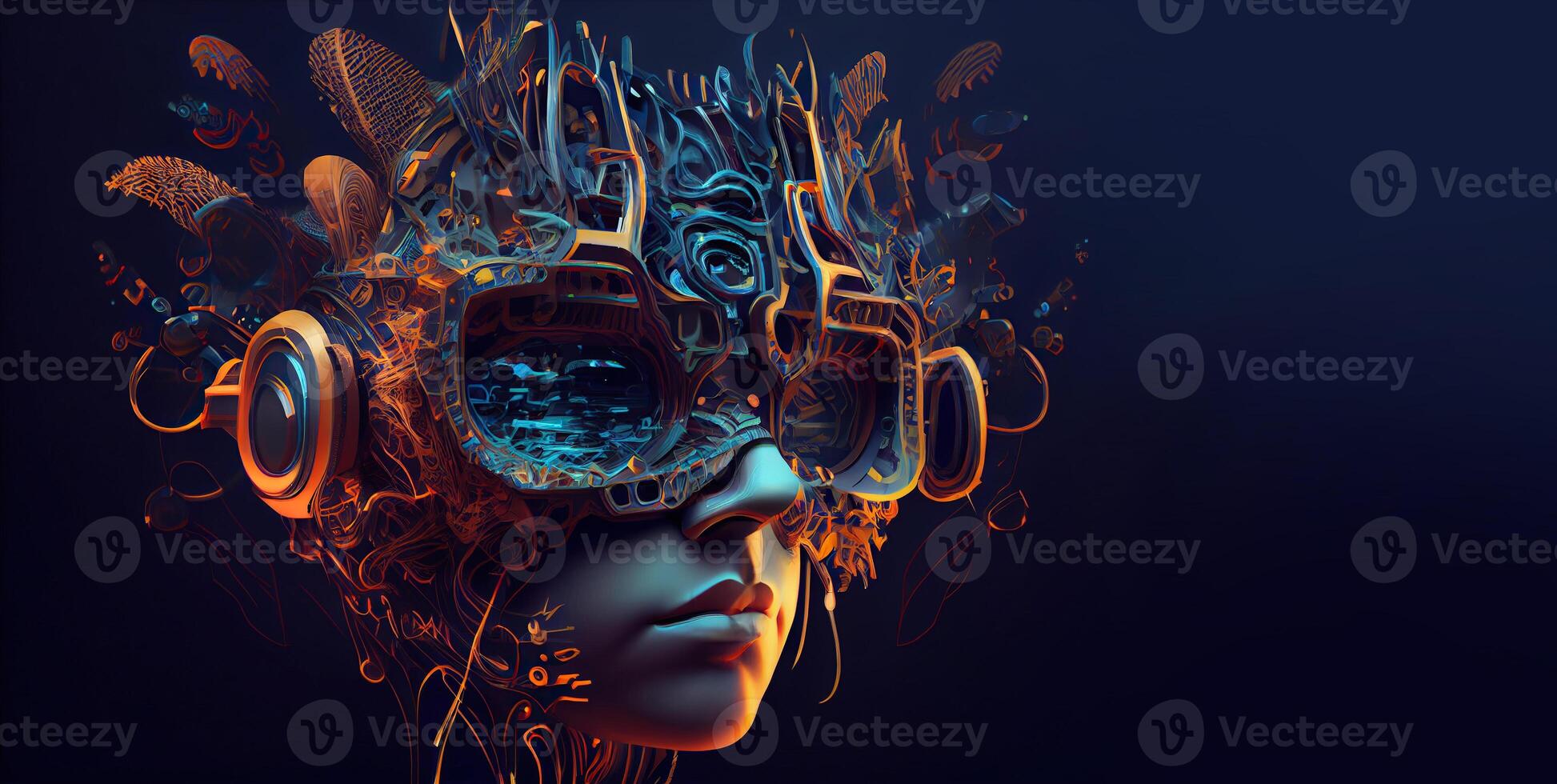illustration of Metaverse concept and virtual world elements. Side view of human face in augmented or virtual reality headset inside the metaverse photo