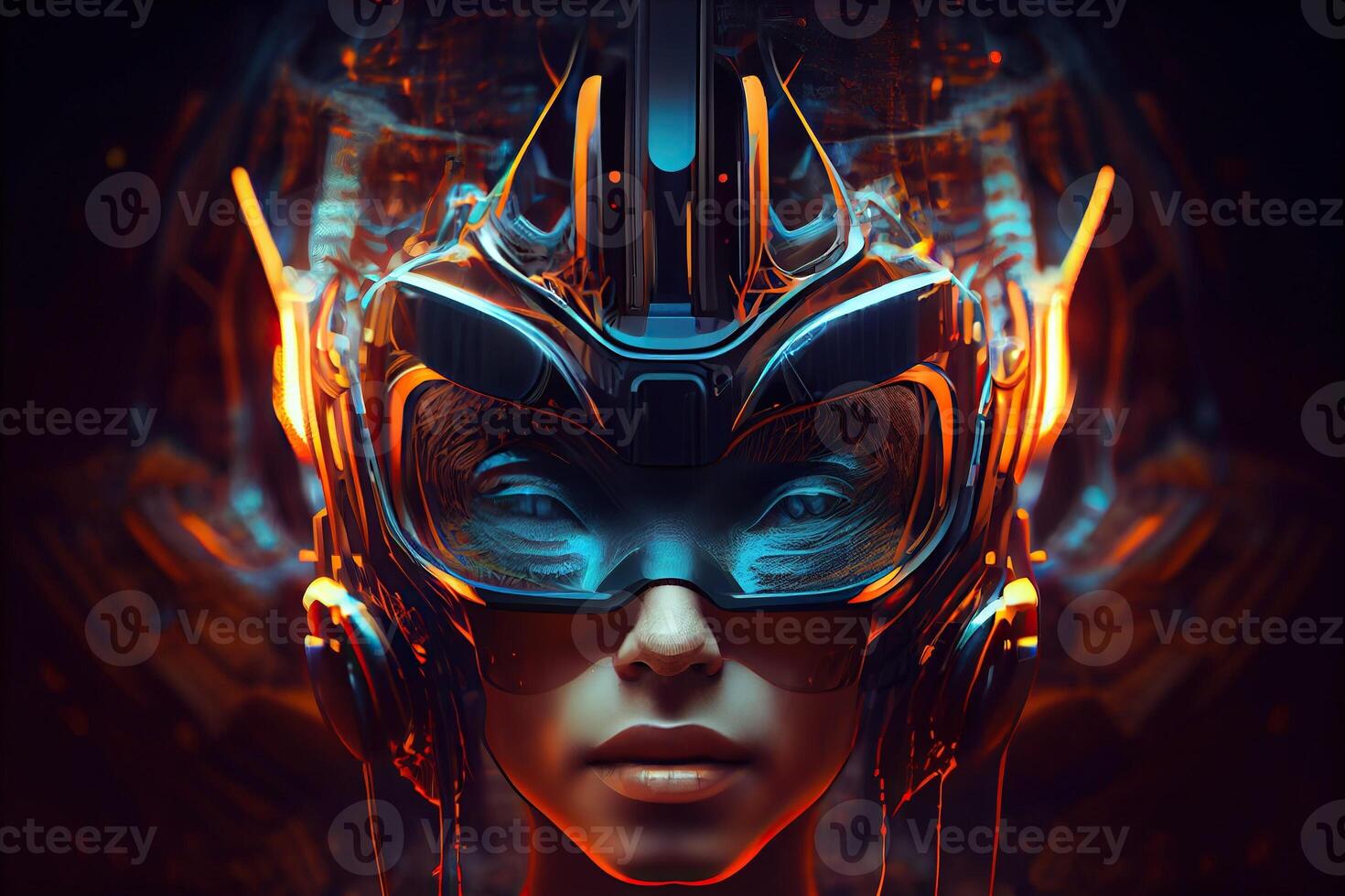 illustration of Metaverse concept and virtual world elements. Side view of human face in augmented or virtual reality headset inside the metaverse photo