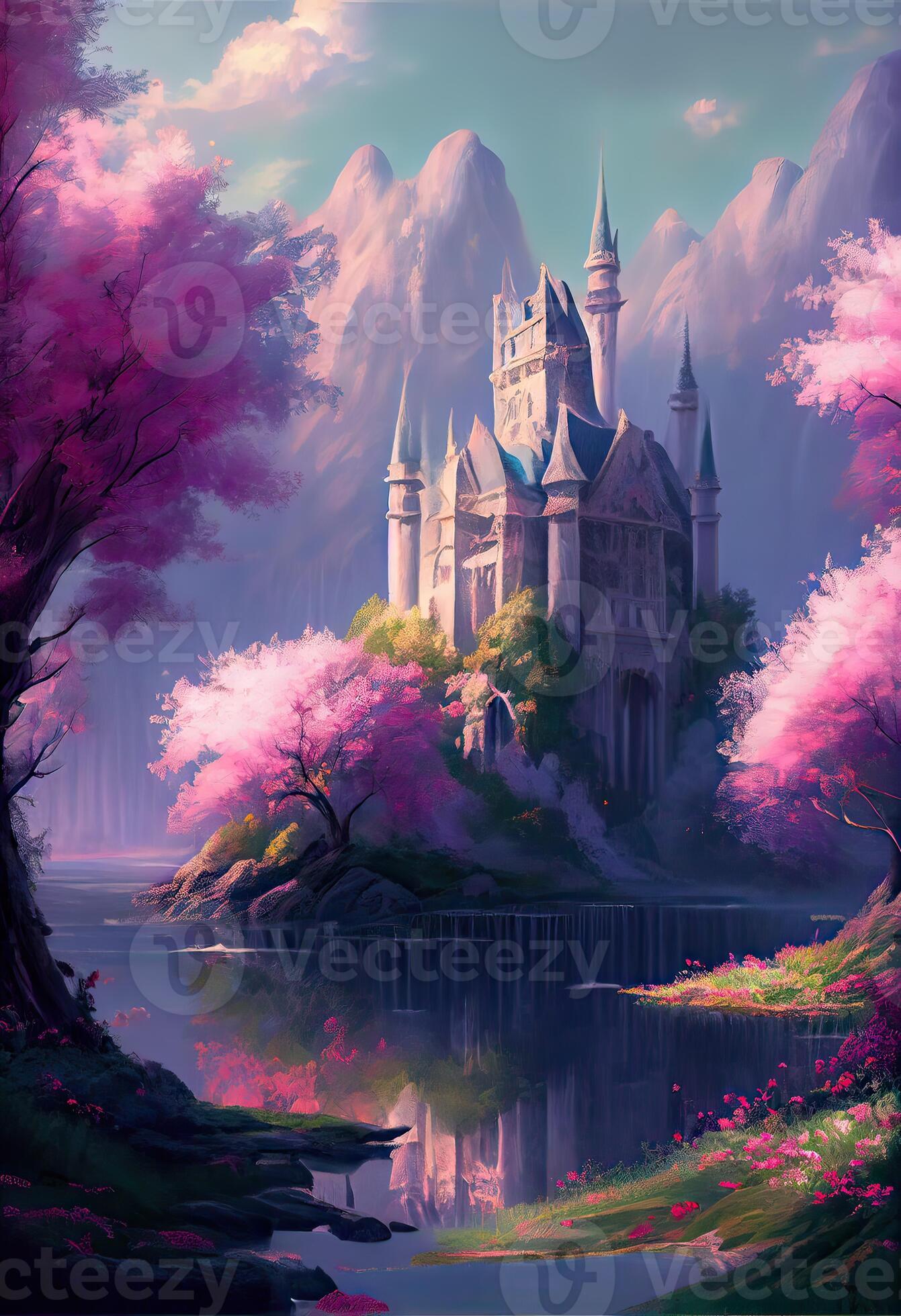 illustration of magical land of enchanted forests, castle, sparkling waterfalls and lush meadows