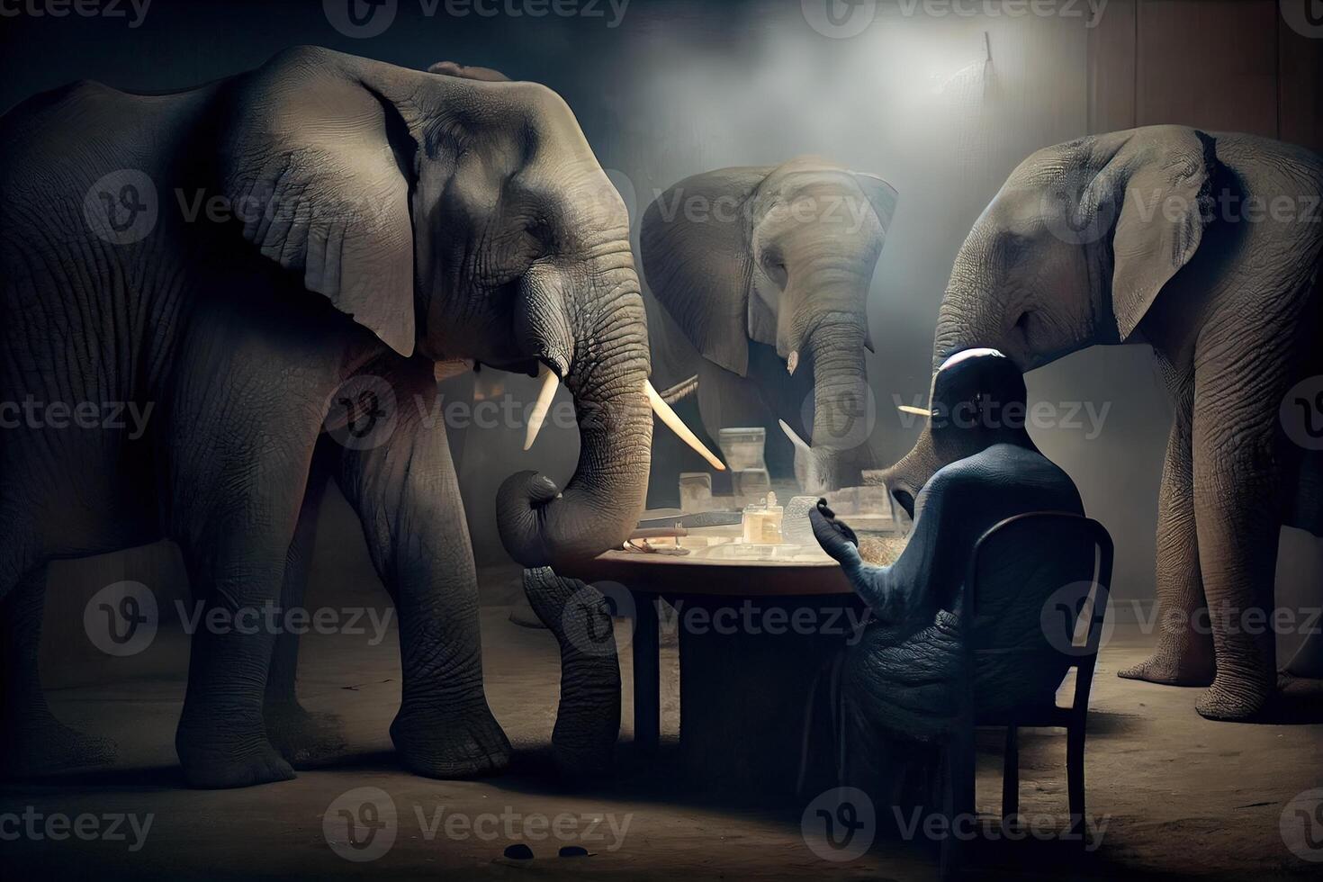 illustration of African elephants playing poker in a smoky room, the elephant poker game photo