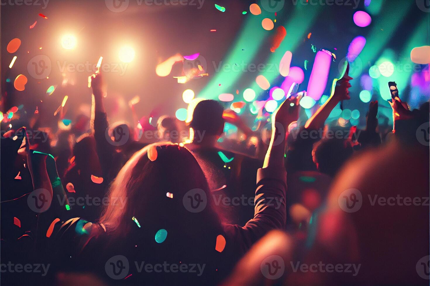 illustration of New Year's Eve party background, pop color, group of people dancing and joyful, countdown, neural network generated art. Digitally painting, generated image. photo