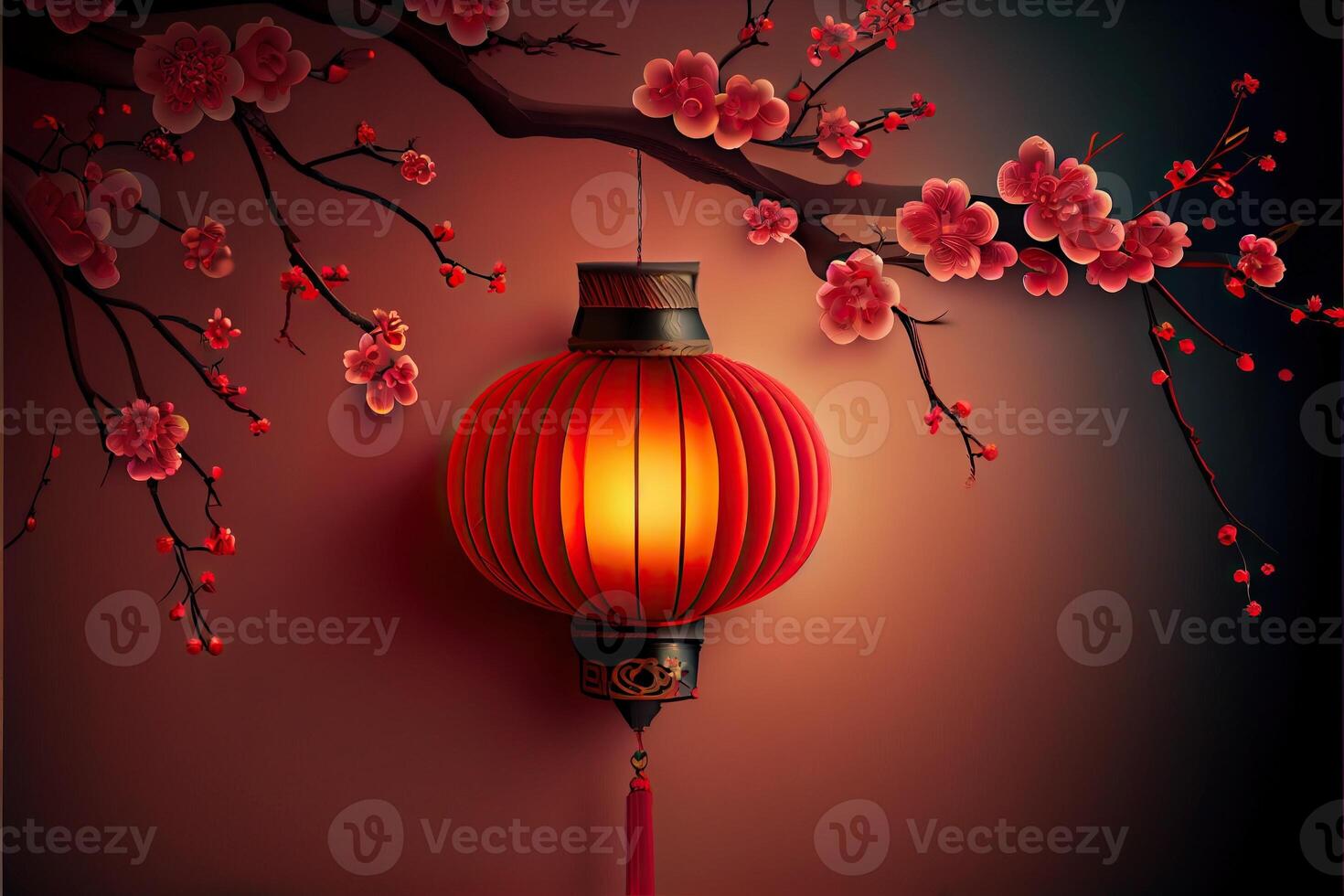 illustration of Chinese traditional red festival background with a chinese red plum blossom, lantern, spring festival, new year, chinese traditional culture element photo