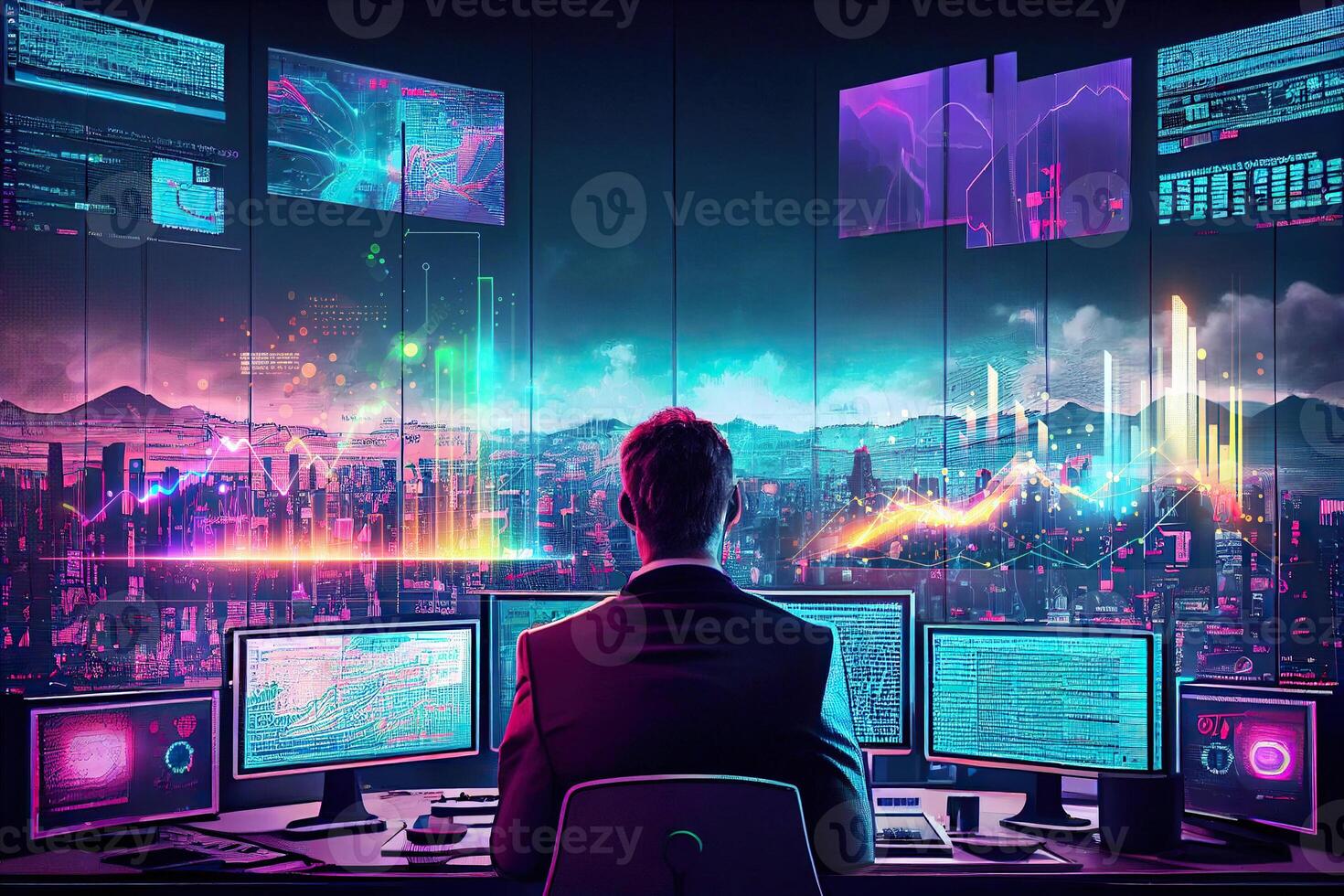 illustration of billionaire businessman data analyst in his futuristic control center, lots of monitors with statistical plots, economic graphs, charts, crypto data, glass windows photo