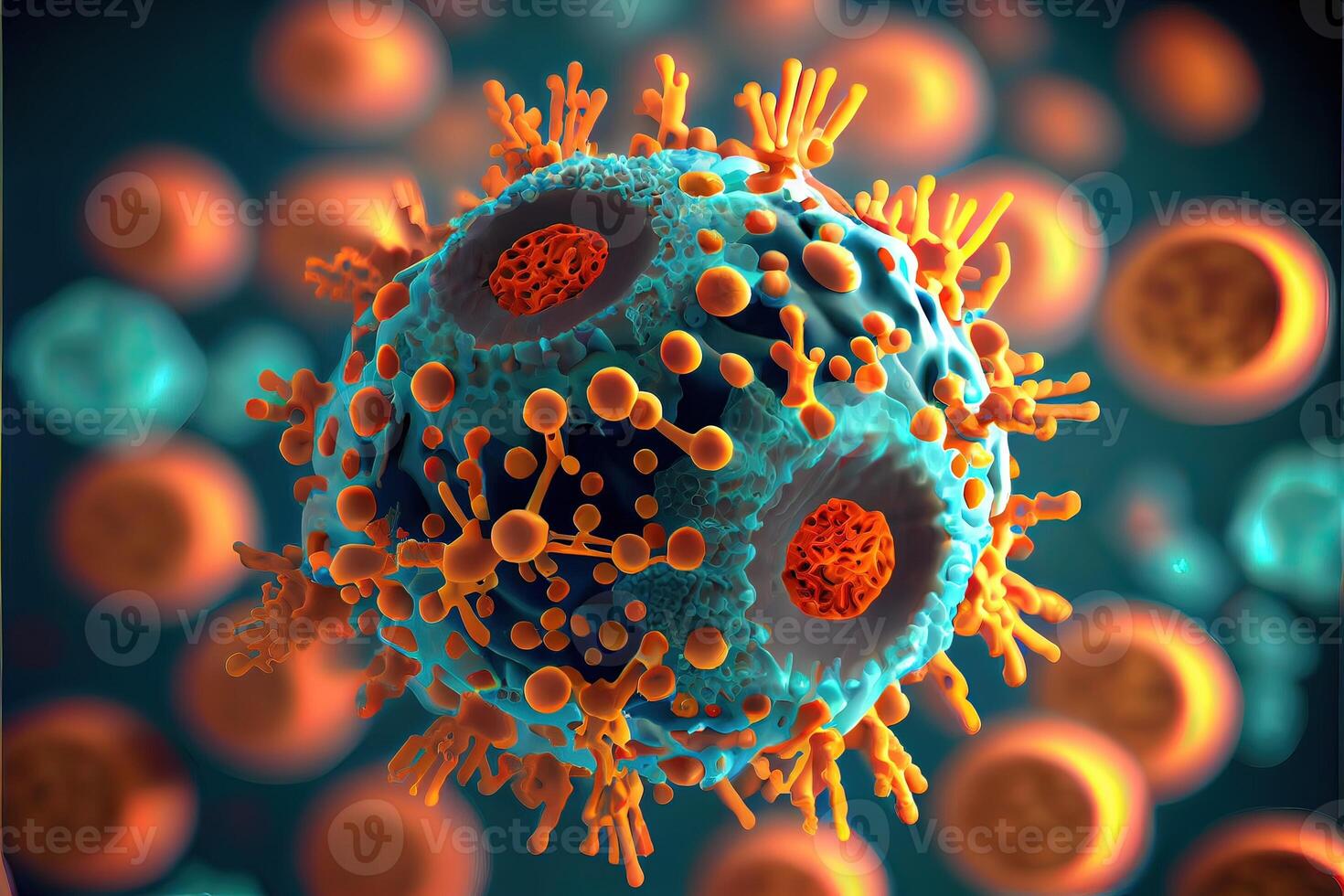 illustration of illness respiratory virus flu outbreak 3D medical illustration. Microscopic view of floating influenza virus cells. Neural network generated art. photo