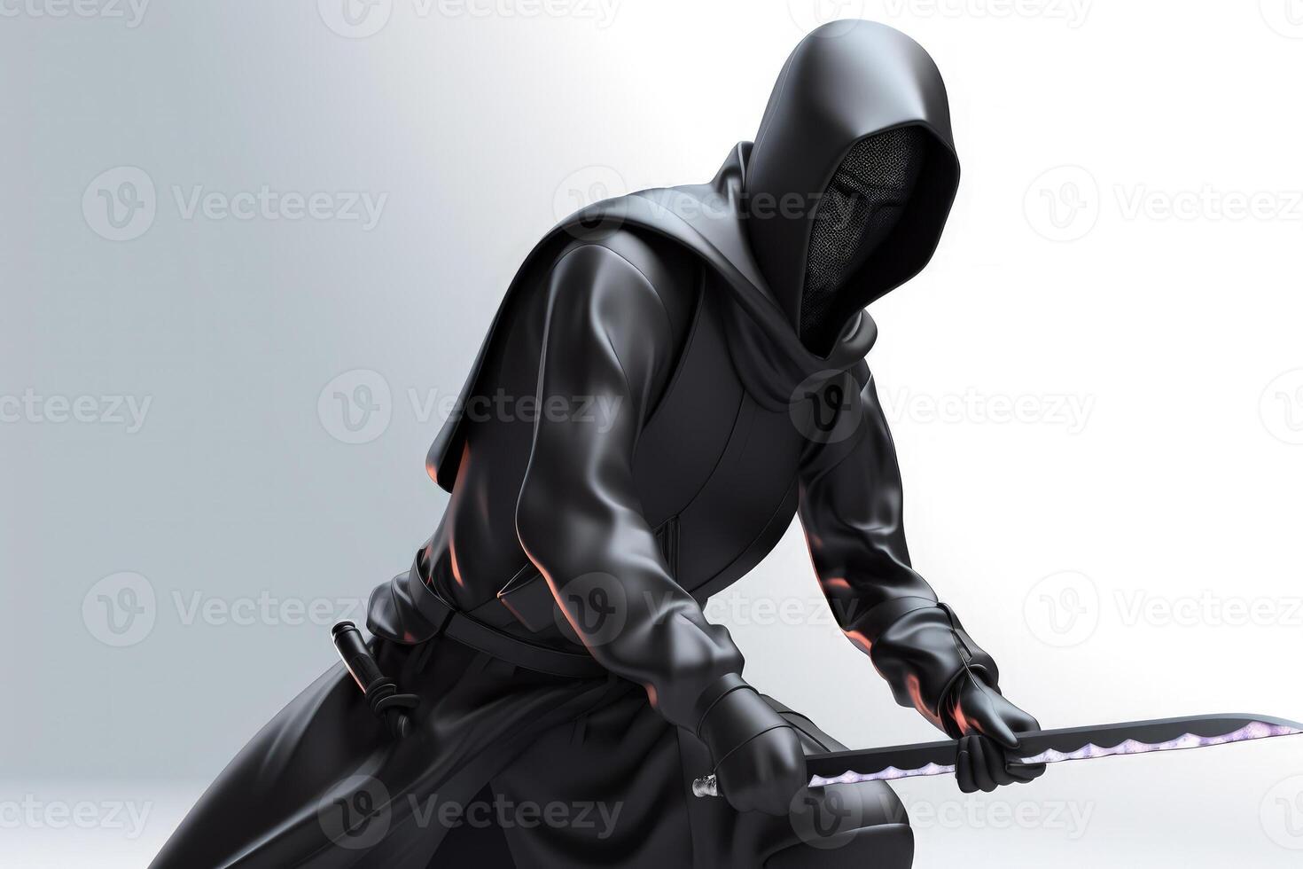 negro ninja personaje en blanco antecedentes generativo ai foto