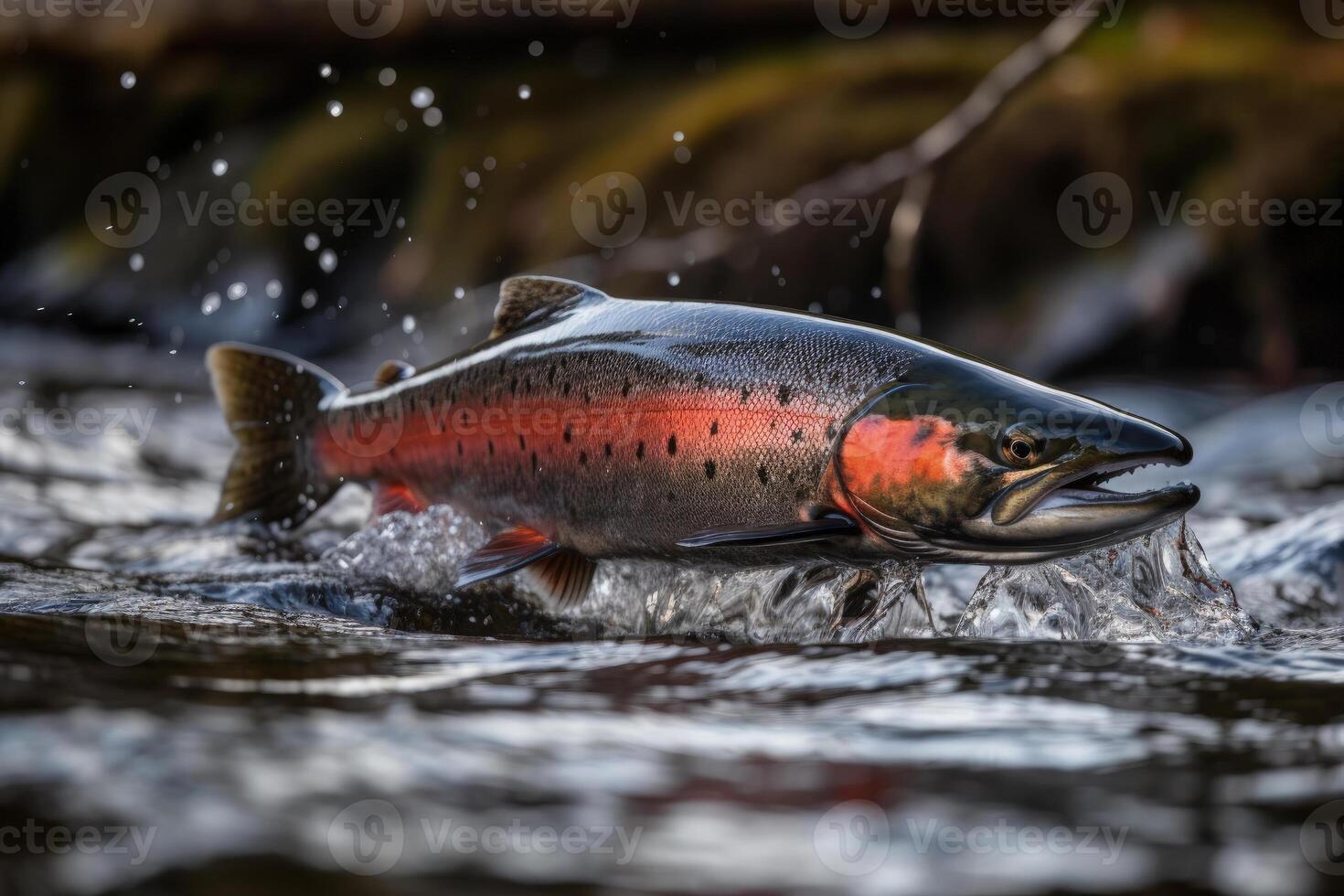 river trout jumping out of the water of a mountain river photo