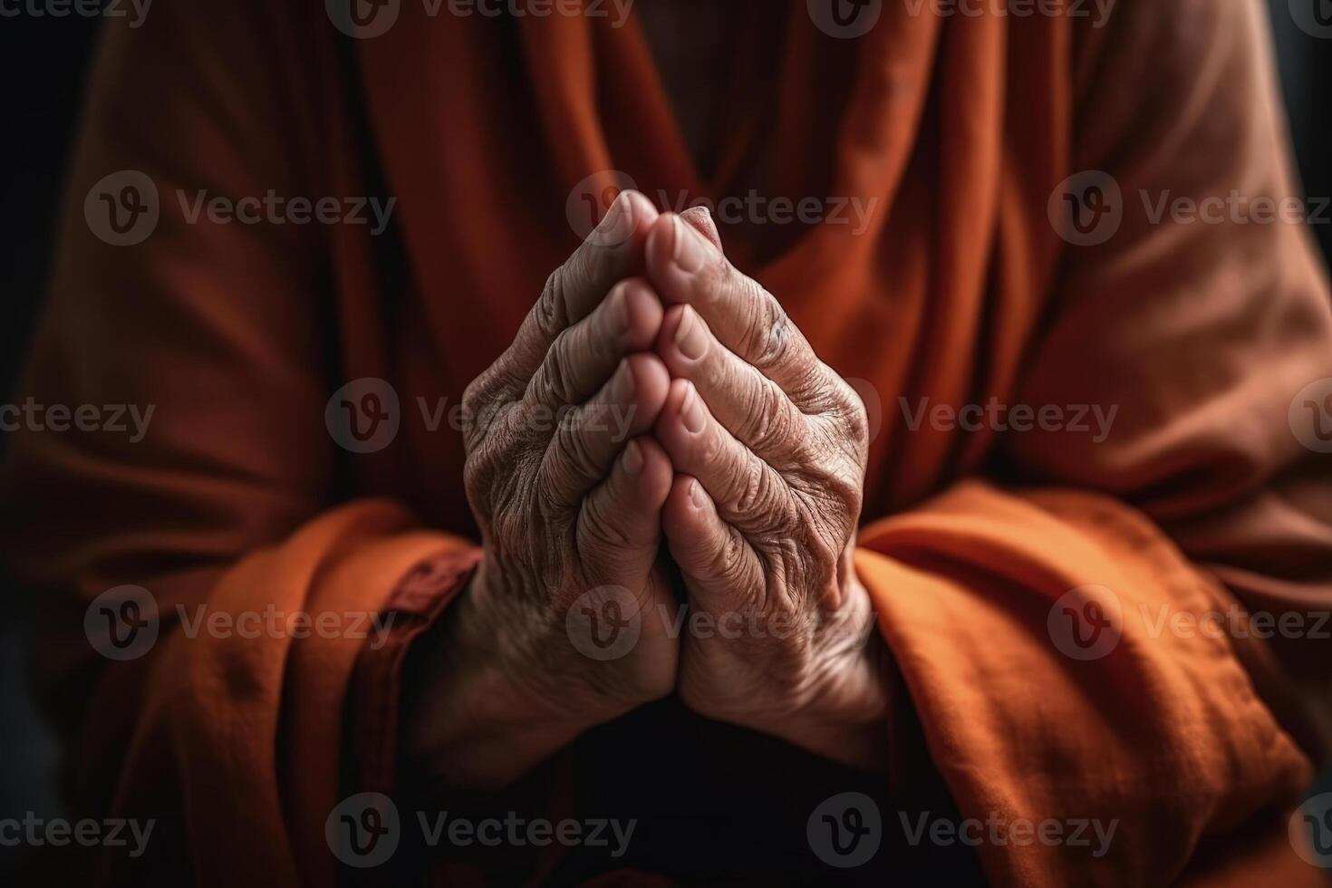 hembra manos juntos oración a dios, arrepentimiento generativo ai foto