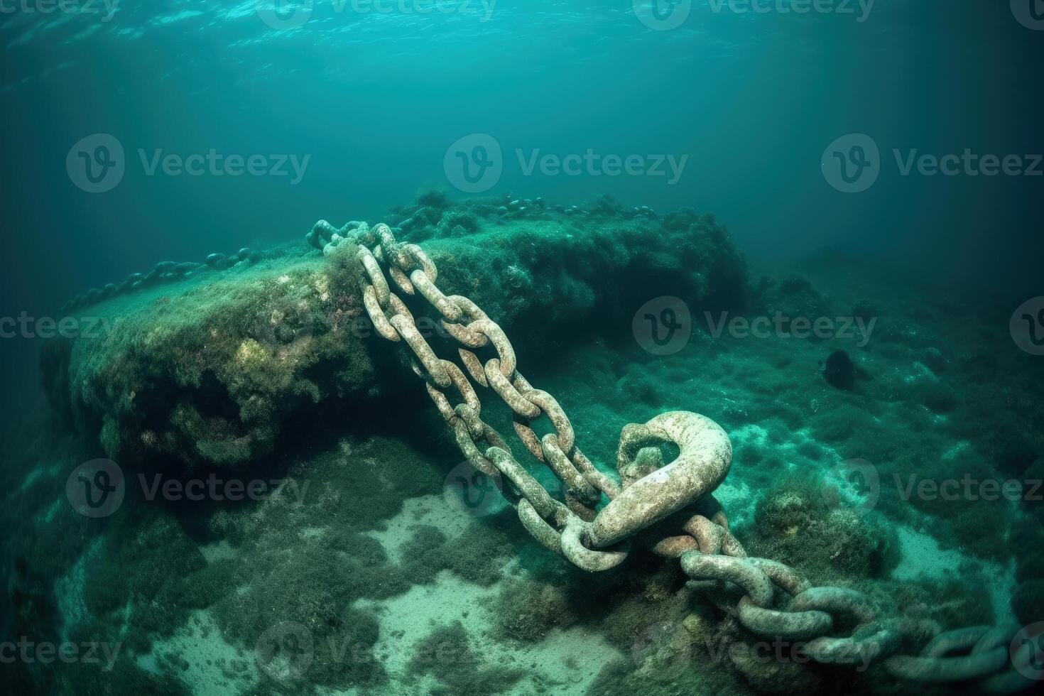 sunken anchor chain in the sea water photo