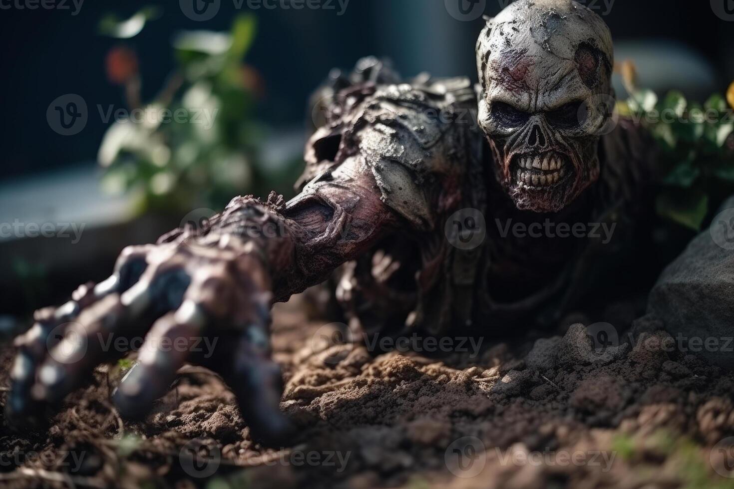 zombie skeleton crawls out of the ground, halloween horror photo