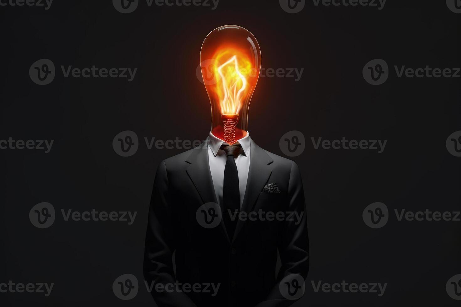 creative business idea, man with black suit and yellow bulb lamp head photo