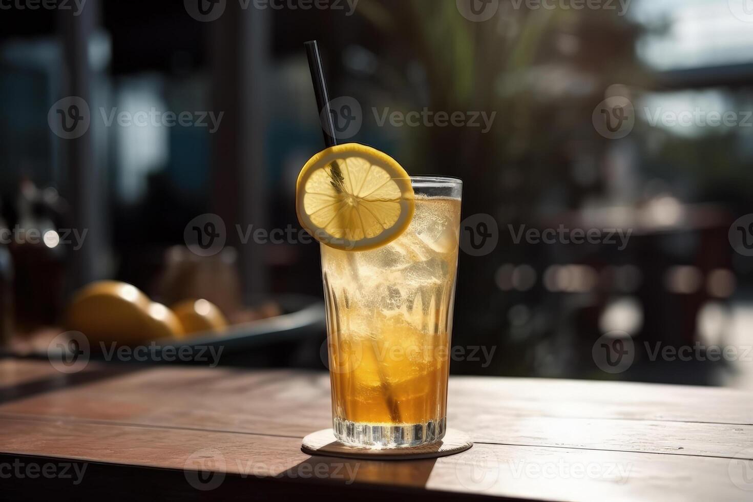 cold lemonade in glass on table outdoor cafe photo