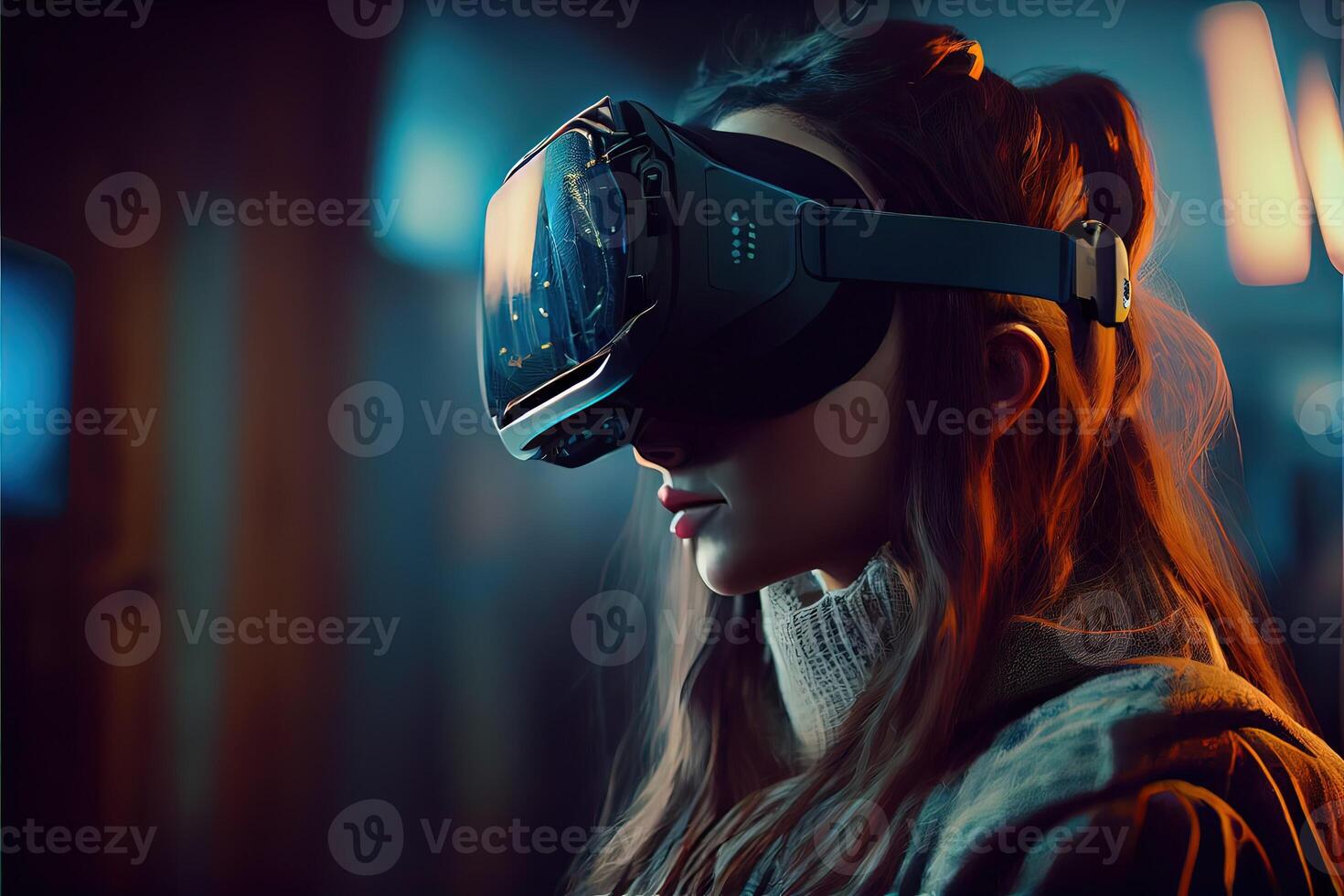 generativo ai ilustración de un entusiasta joven mujer vistiendo virtual realidad gafas de protección es dentro el metaverso. metaverso concepto y virtual mundo elementos. neural red generado ai Arte foto