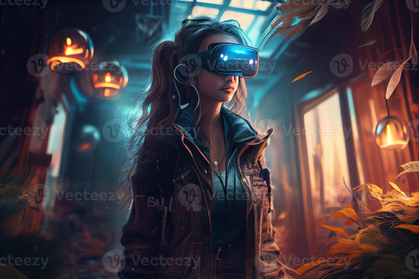 illustration of an enthusiastic young women wearing virtual reality goggles is inside the metaverse. Metaverse concept and virtual world elements photo