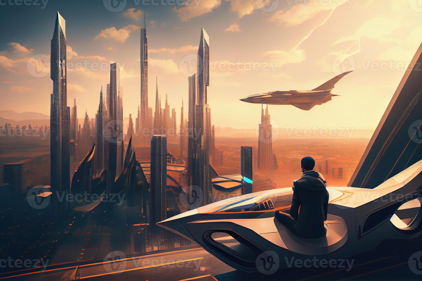 illustration of skyline serenade, lonely man and futuristic cityscape with flying cars and skyscrapers photo