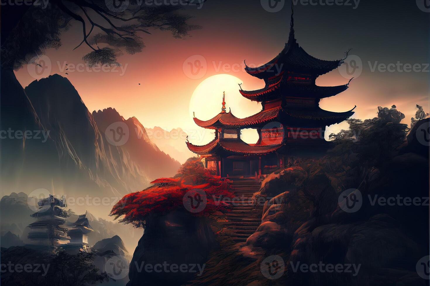 illustration of Fantasy background with mysterious ancient Chinese temple in mountains. Digital artwork. Chinese style. Gaming and art concept. photo