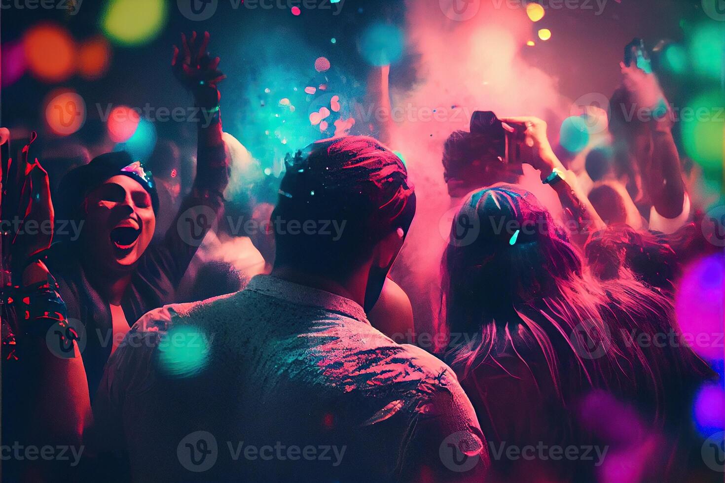 illustration of New Year's Eve party background, pop color, group of people dancing and joyful, countdown, neural network generated art. Digitally painting, generated image. photo