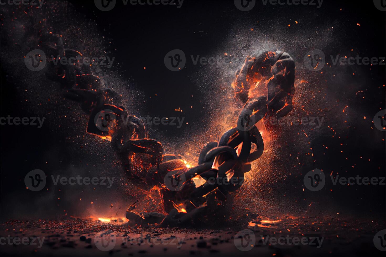 illustration of breaking steel chain with fire dust in dark background. Neural network generated art. photo