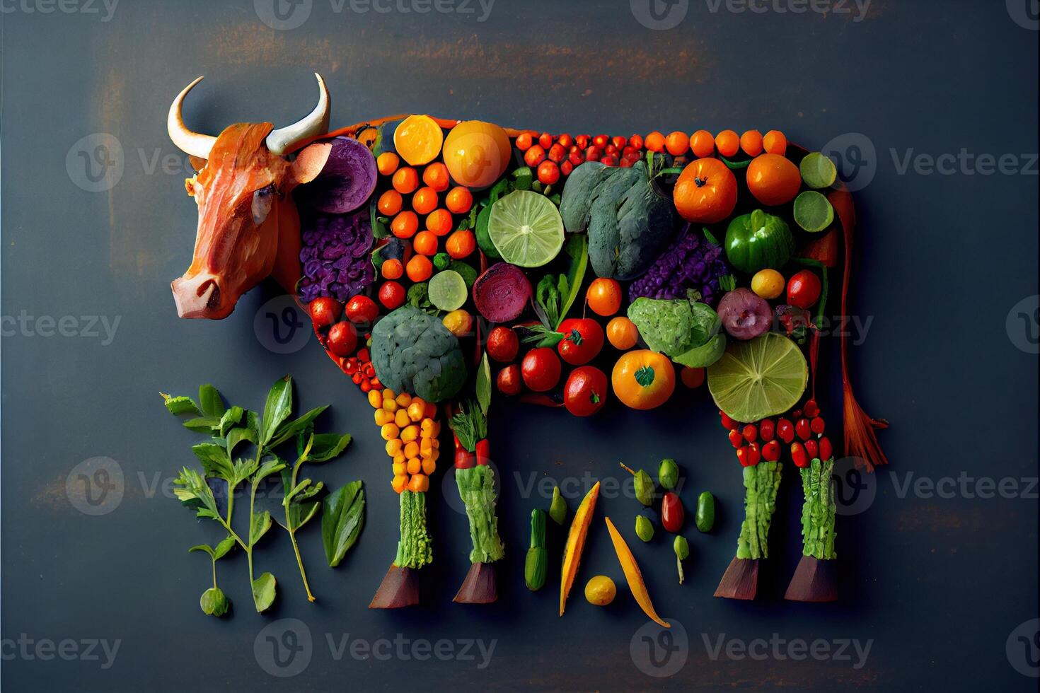 generativo ai ilustración de un vaca hecho de Fresco frutas y vegetales foto