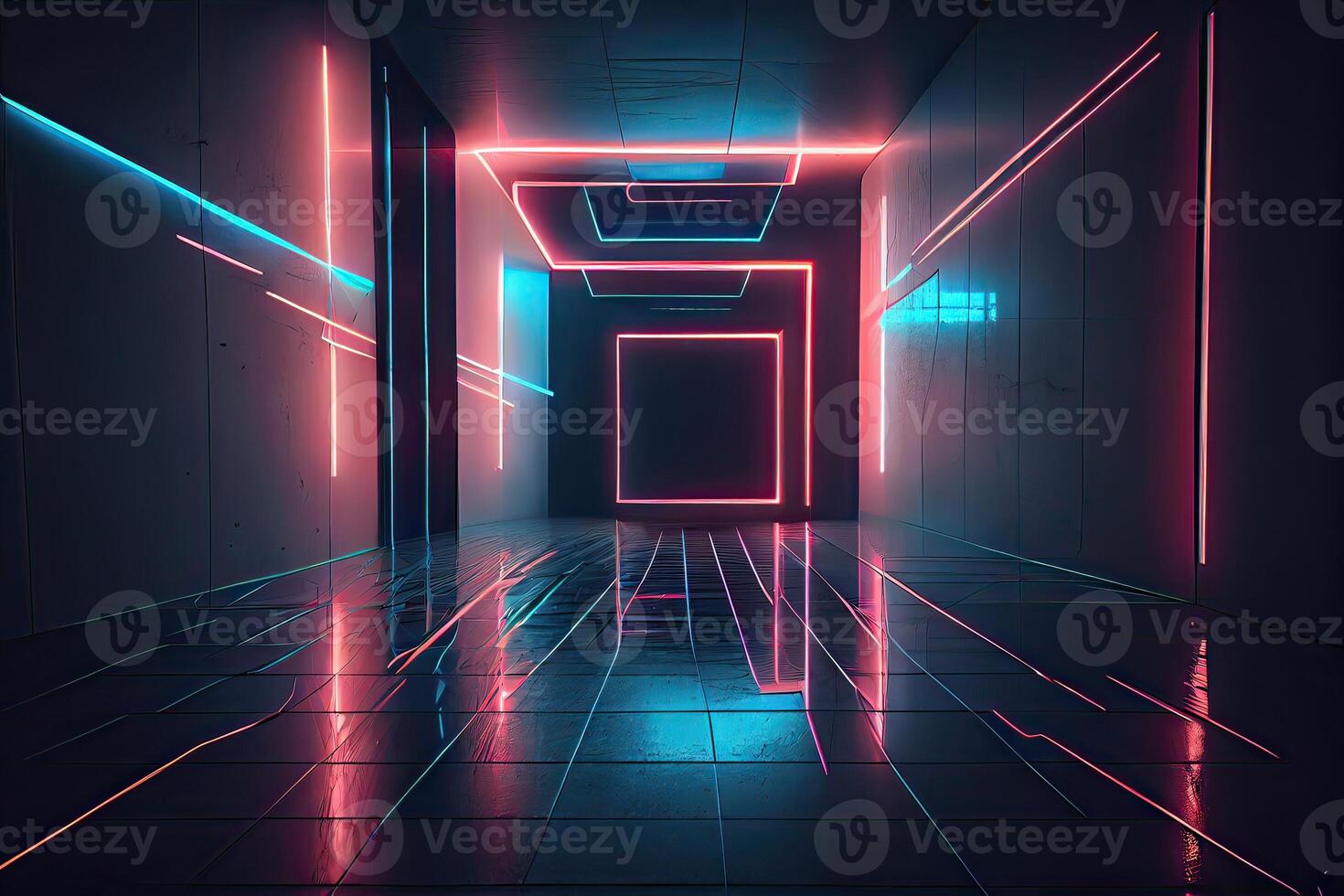 illustration of an abstract dark neon geometric background, set inside a dark and empty room with glowing laser lines on the walls, a wet concrete floor, with neon light reflections photo