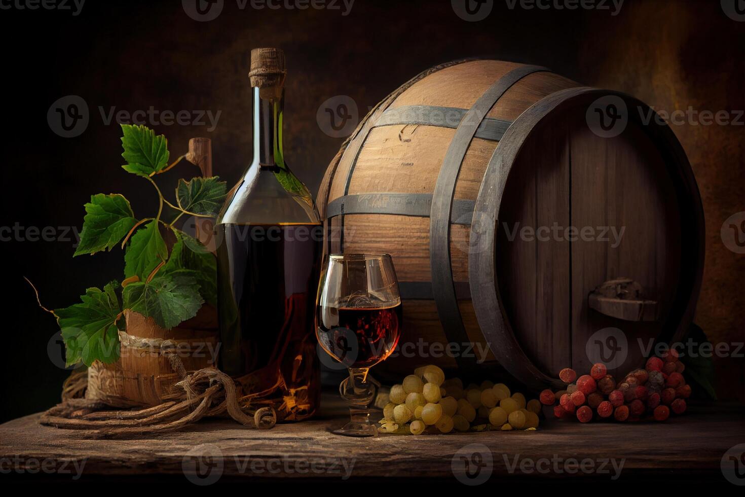 generativo ai ilustración de vino con de madera barril, heno y uva foto