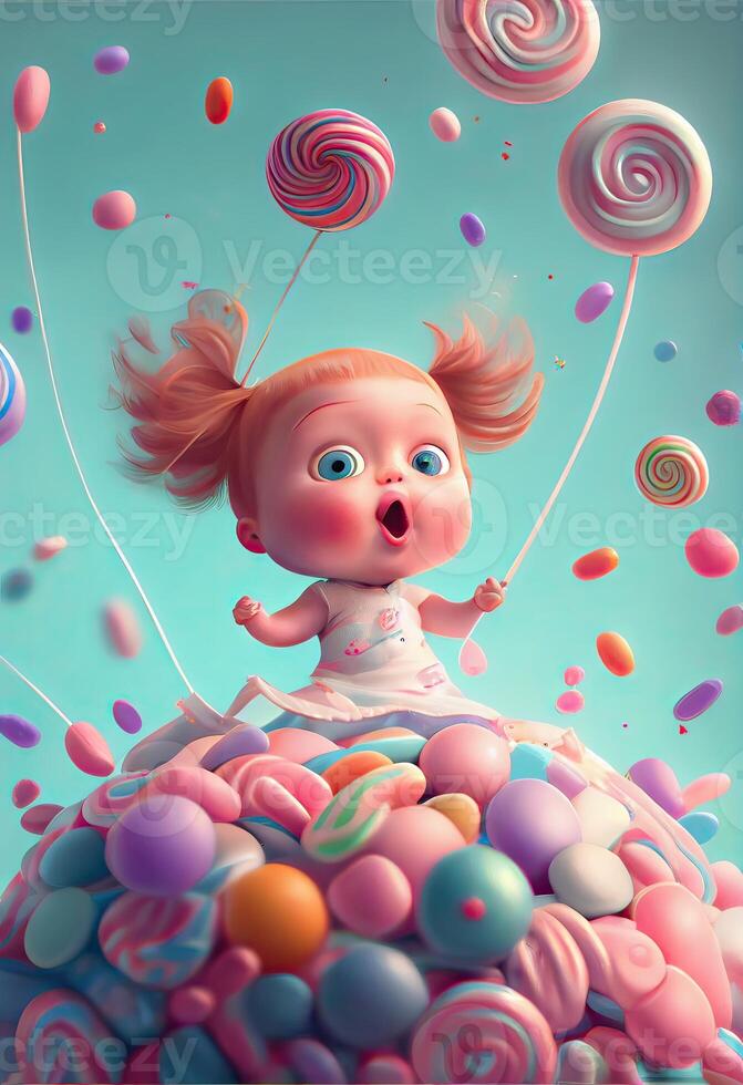 illustration of cute baby character and a lot of lollipops flying around, background confectionery photo