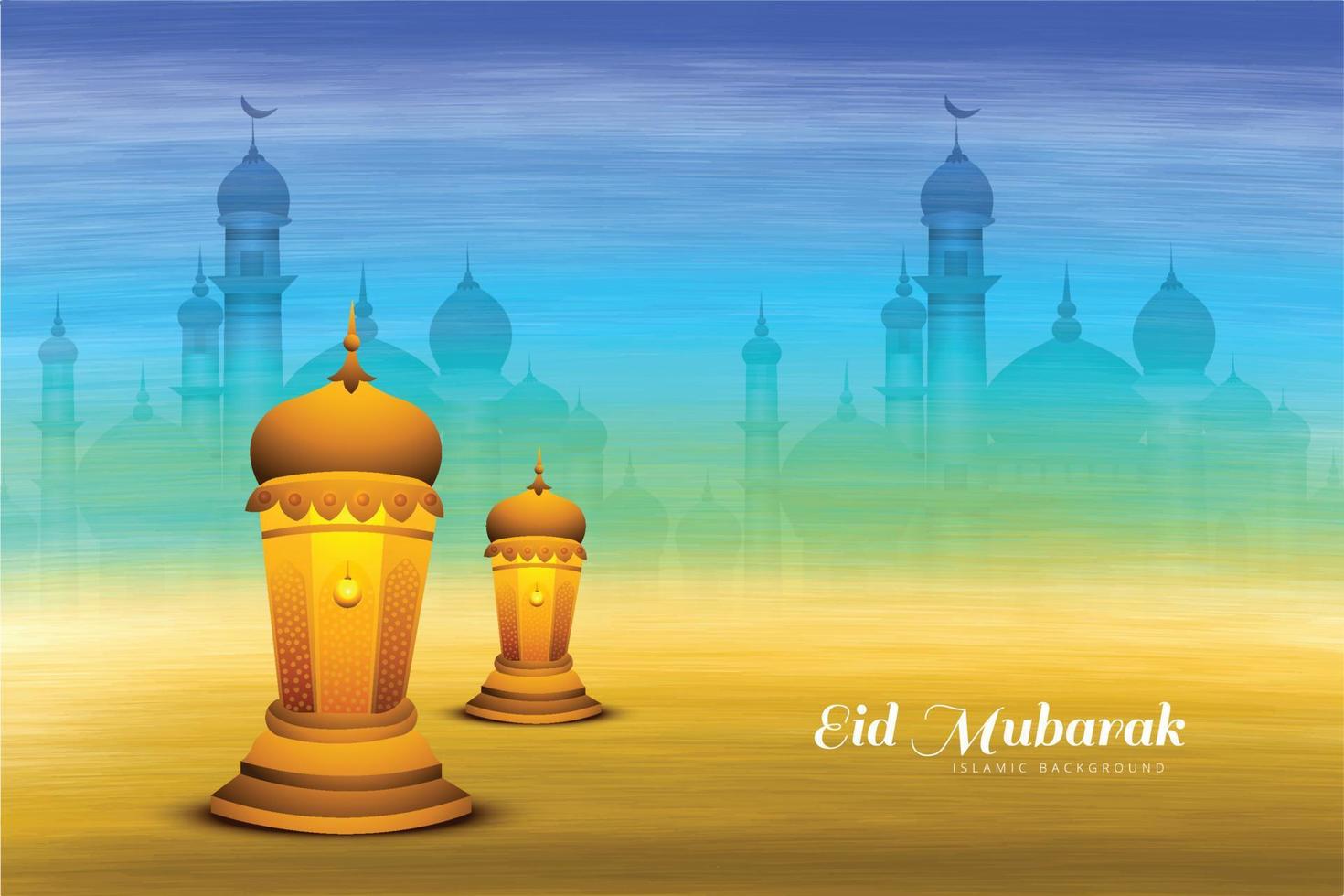 Eid mubarak mosque with lantern card background vector