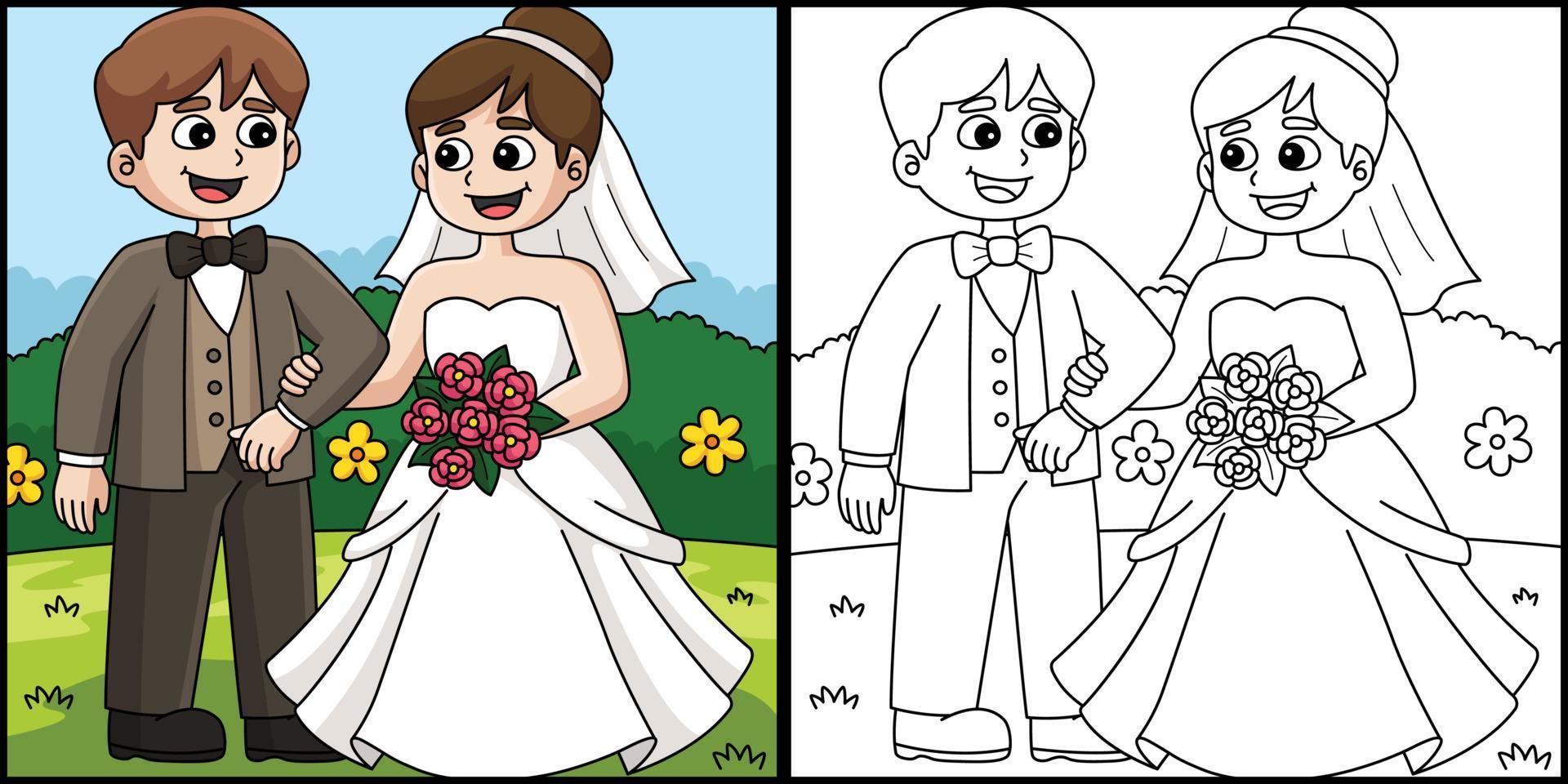 Boda novio y novia colorante página ilustración vector