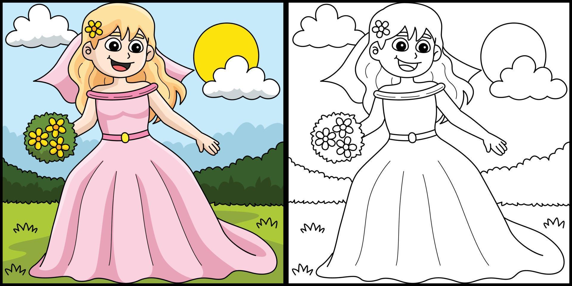 Wedding Bride Coloring Page Colored Illustration vector